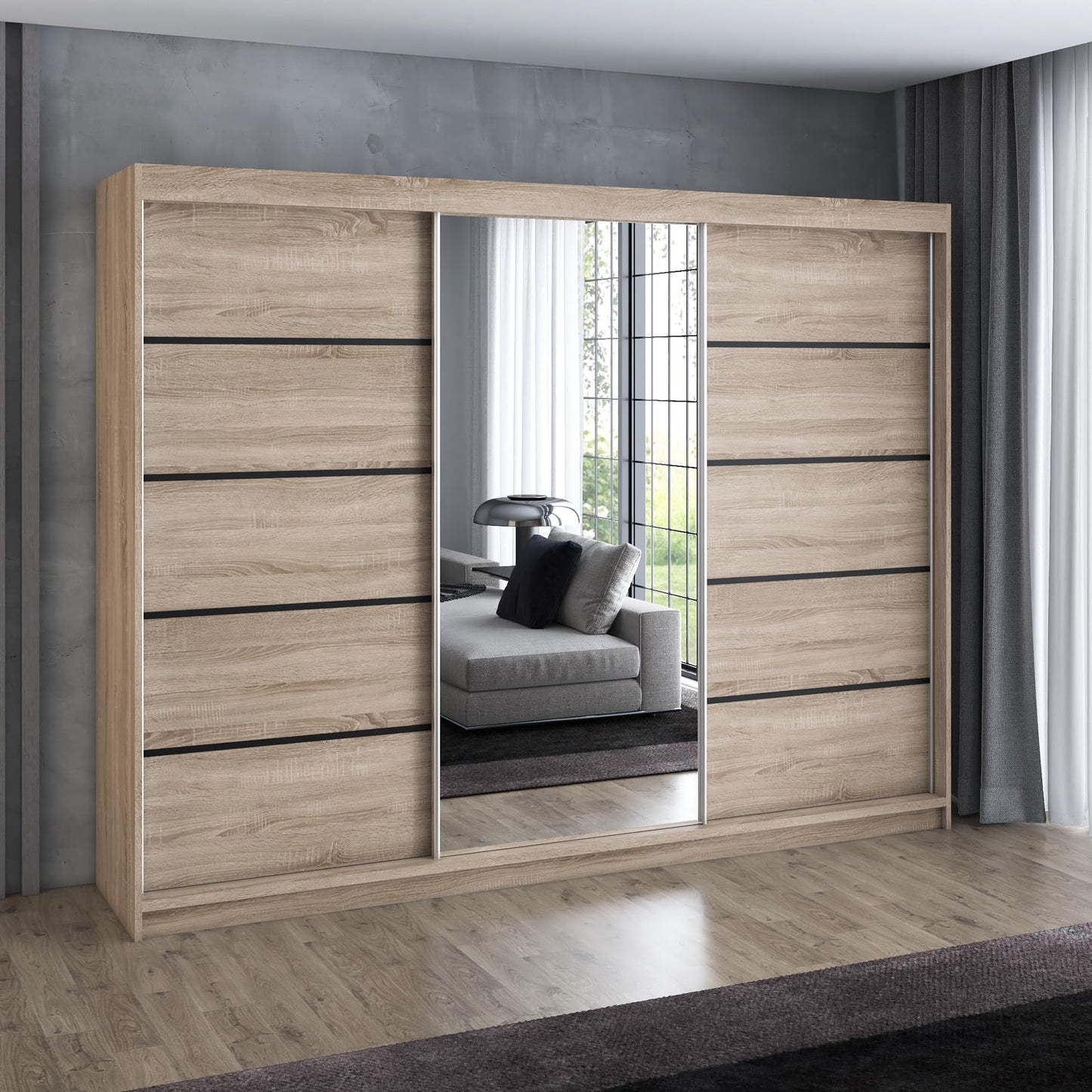 A&J MöbelLand Schwebetürenschrank VILANO 2, 3-türig Schrank 200 cm Kleiderschrank mit 4 Schubladen, und Spiegel (Weiß, Schwarz, Somona) (Schwarz/schwarz/schwarz)