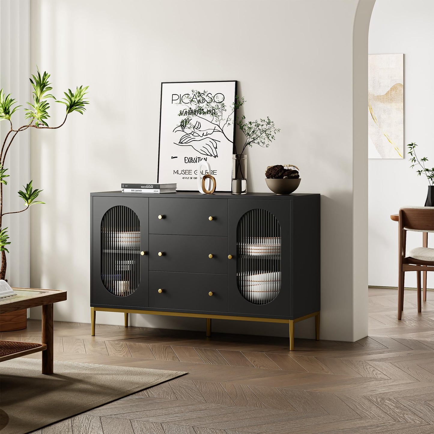 FirFurd Sideboard 120 cm Wide Kitchen Cabinet with Worktop Buffet Cabinet with 2 Glass Doors 3 Drawers Kitchen Buffet with Adjustable Shelf for Kitchen Dining Room Living Room 120 x 38 x 80 cm Black