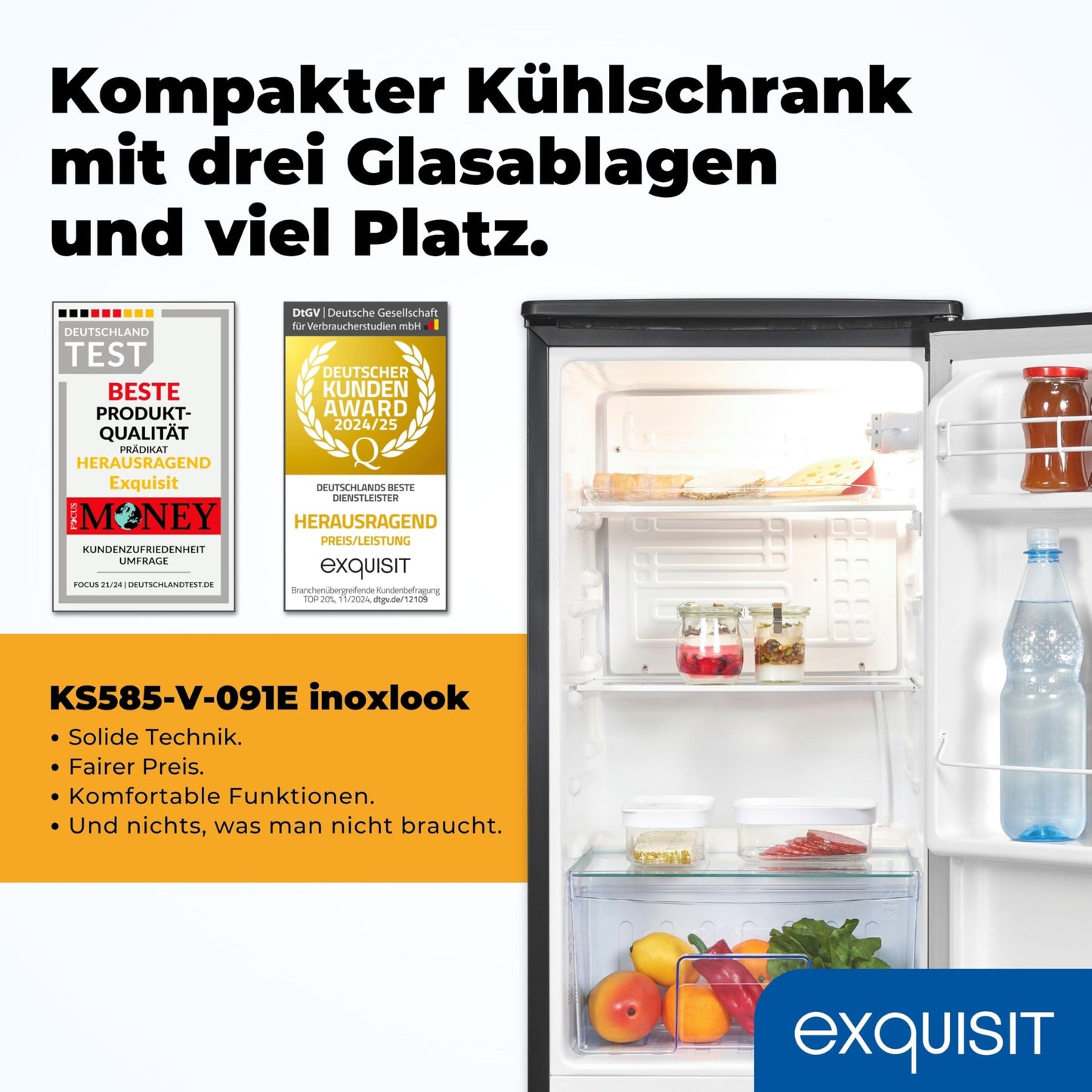 Exquisit KS585-V-091E Full-Room Refrigerator, 75 Litres, Freestanding, Small and Compact, 45 cm Wide, LED Interior Lighting