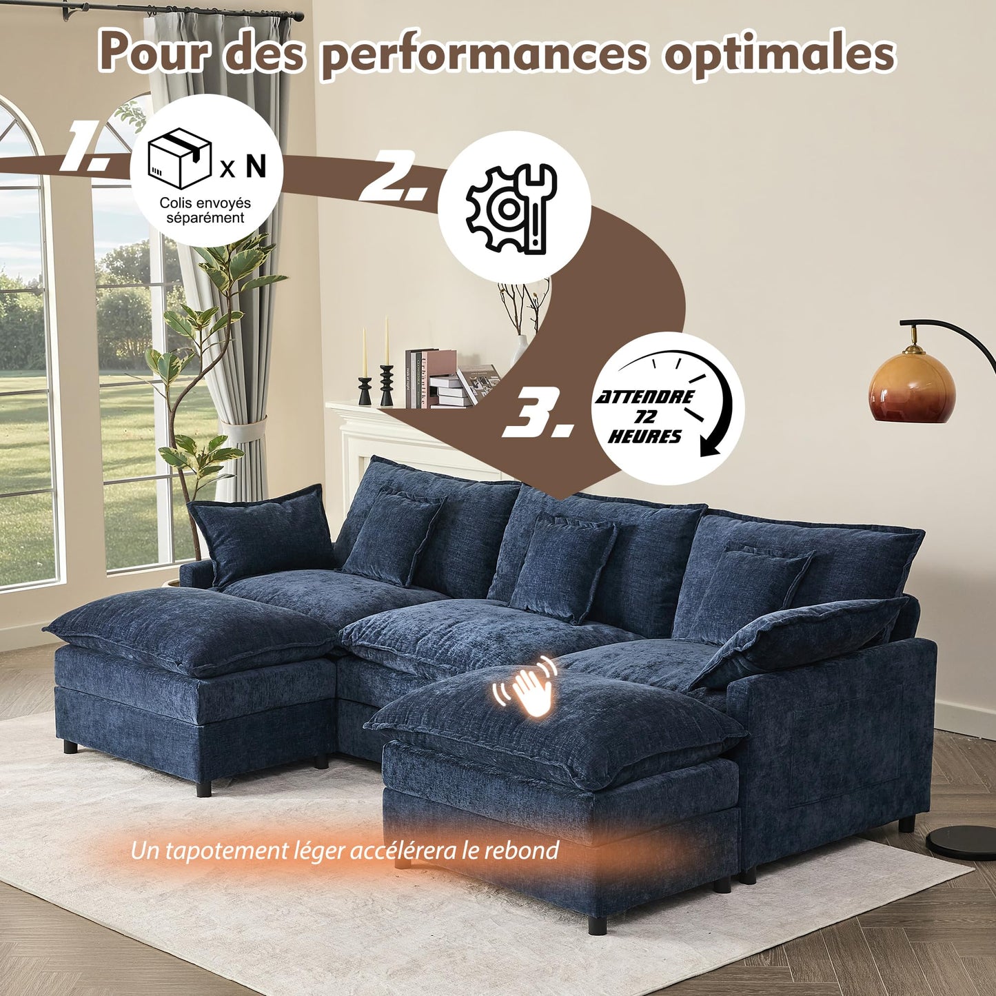Litbird U-förmiges modulares Sofa 3-Sitzer Ecksofa mit Hocker, tiefes Sitzdesign, Cloud Couch für Wohnzimmer(Hellbraun)