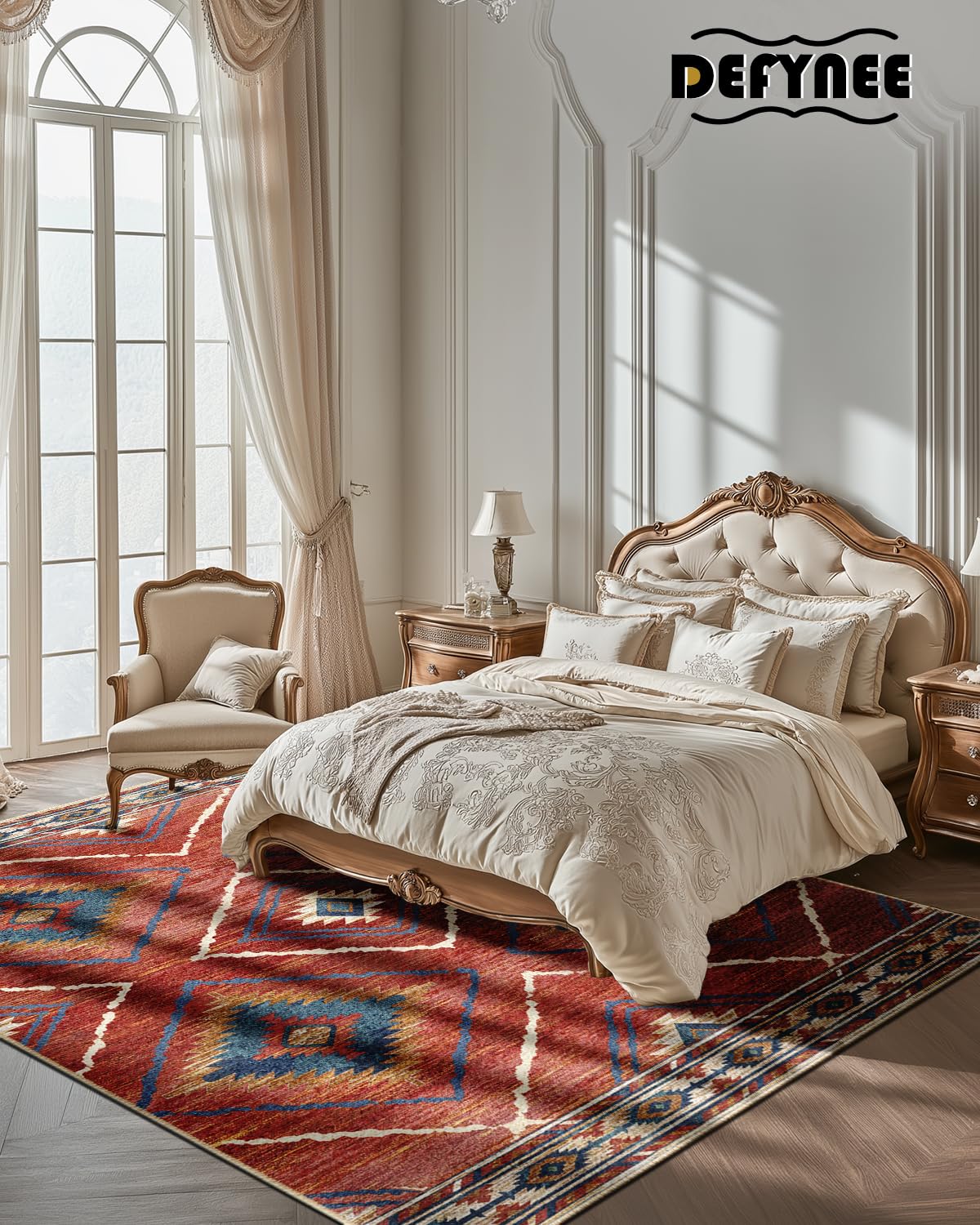 DEFYNEE Teppich Wohnzimmer 120 x 180 cm – Waschbarer Kurzflor Teppich, rutschfest, Vintage & Boho Stil, Pflegeleicht – Für Flur, Wohnzimmer, Schlafzimmer & Esszimmer, Dunkelblau
