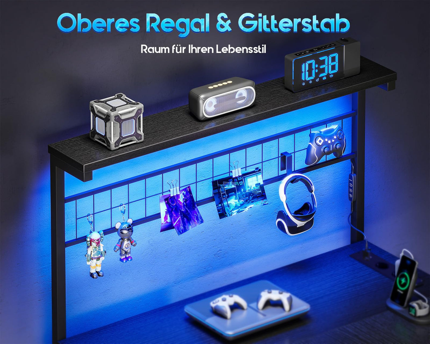 Coleshome Gaming Table with LED, 110 × 80 cm, Reversible Gaming Desk with Drawers & Sockets, Corner Desk with Storage Compartment & Storage Space, Black