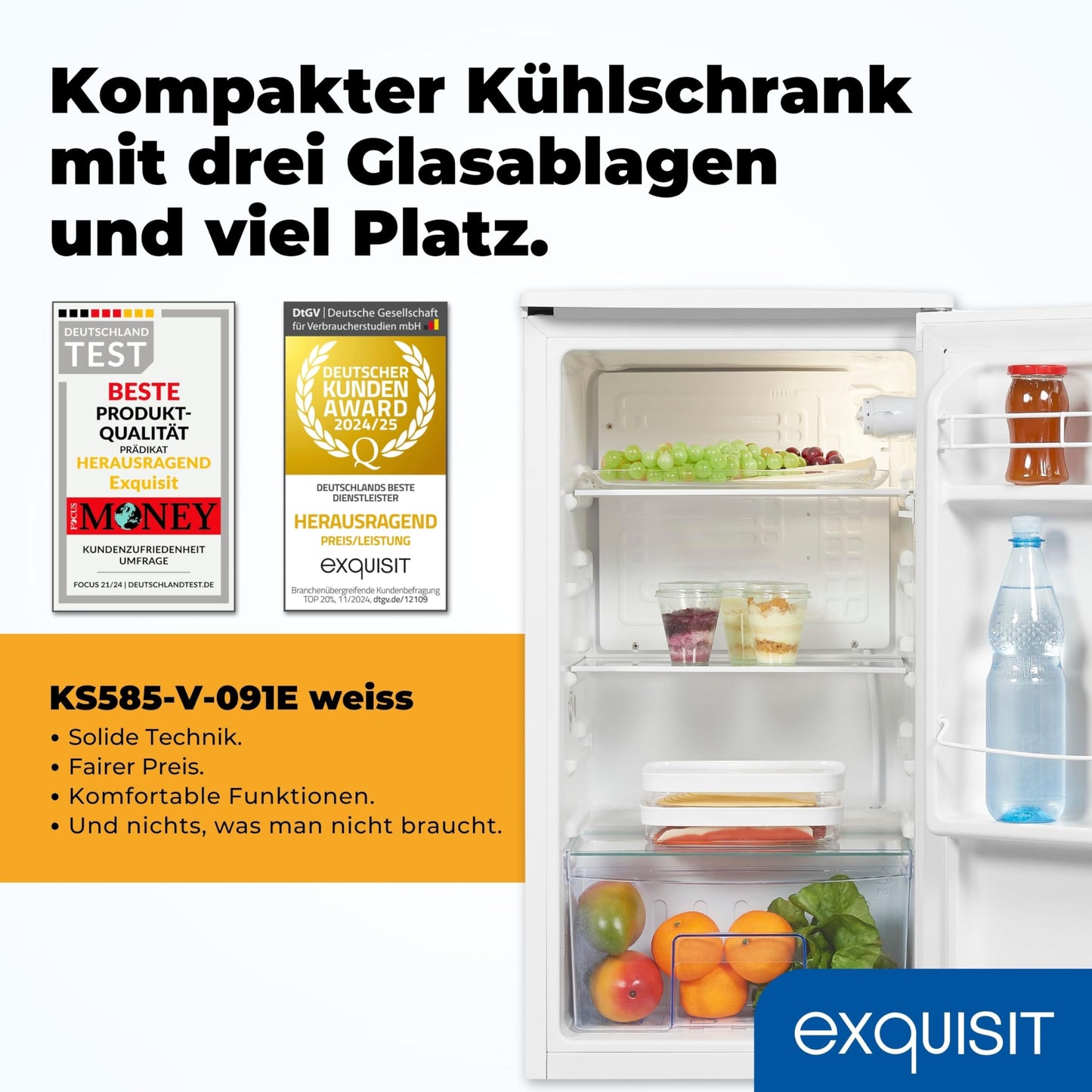 Exquisit KS585-V-091E Full-Room Refrigerator, 75 Litres, Freestanding, Small and Compact, 45 cm Wide, LED Interior Lighting