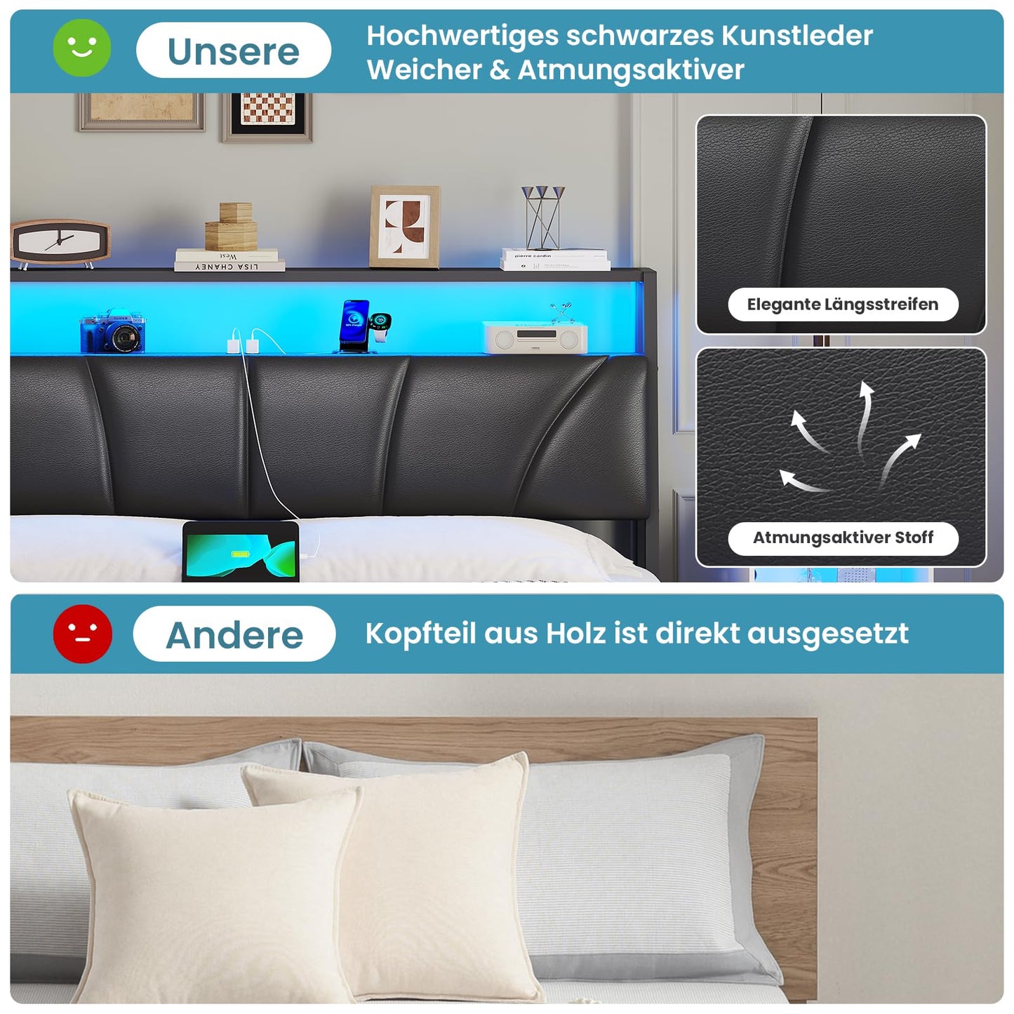 Brinlawb Bed 140 x 200 cm with Metal Slatted Frame, Bed Frame 140 x 200 cm with LED Lighting, Metal Bed 140 x 200 cm with Headboard and Charging Station (2 AC Sockets, 2 USB Ports), Youth Bed, Double
