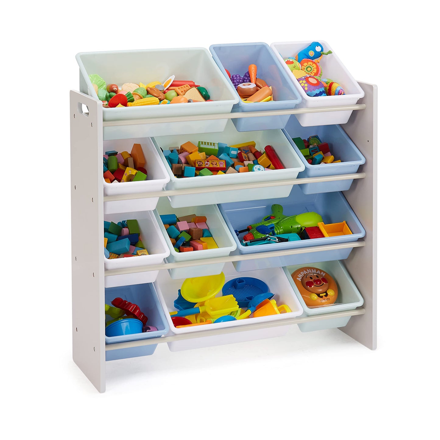 Amazon Basics Kids Toy Storage Toy Organiser with 12 Plastic Containers, White Wood with Pink Containers, 27.7 x 85.3 x 79 cm