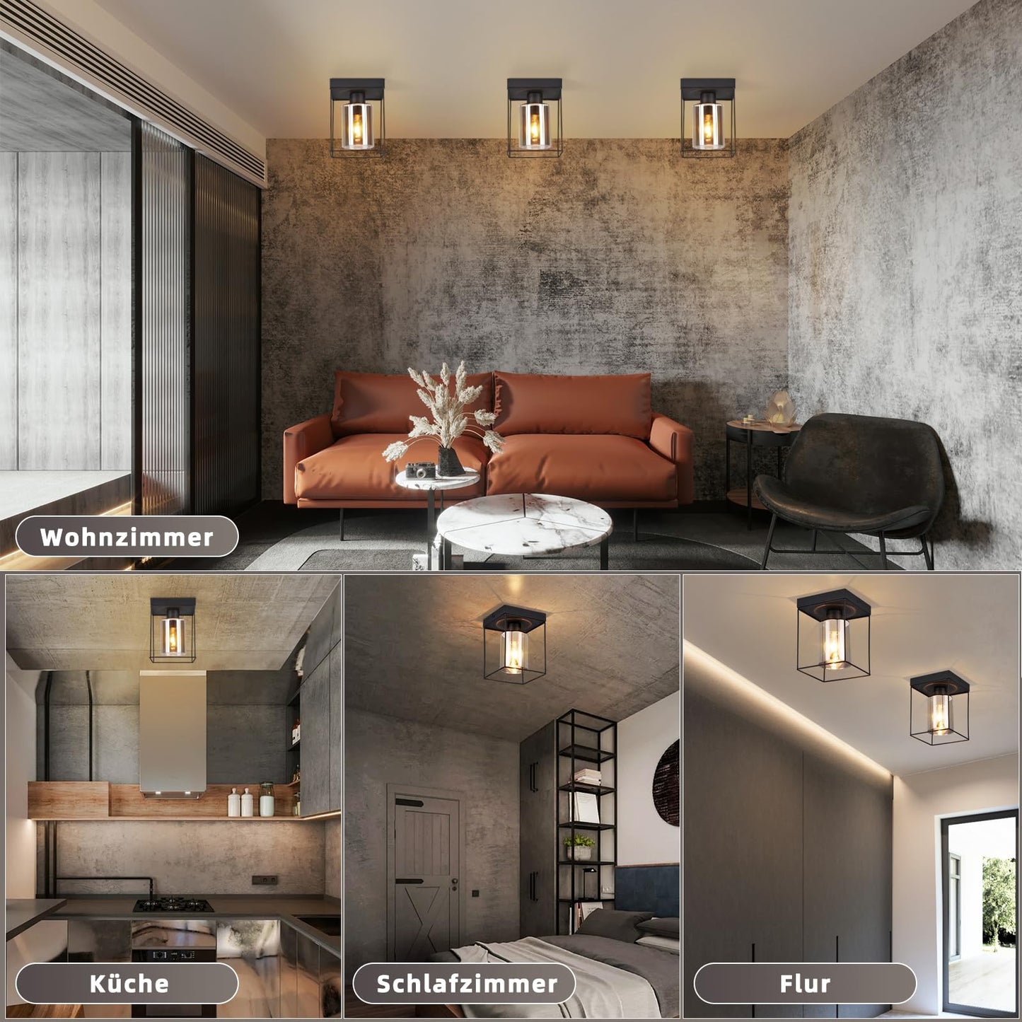 CBJKTX Ceiling Light Living Room Ceiling Light Glass - 4 Bulbs E27 Vintage Black Dining Room Lamp Industrial Style Metal Ceiling Retro Living Room Lamp for Bedroom Dining Room Kitchen (Light Bulb Not