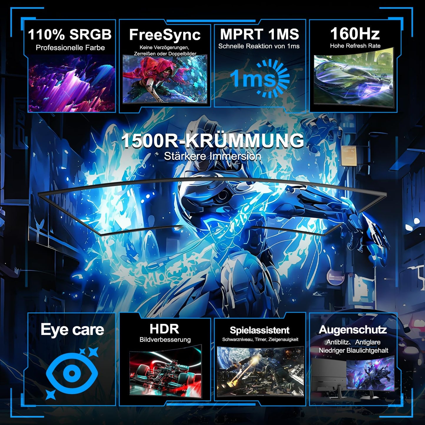 Minifire MFG32C3Q Gaming Curved Monitor 32 Inch 180Hz, 2K WQHD (2560 x 1440), 1500R, 1ms (MPRT), AMD FreeSync, sRGB 125%, VESA, 2xHDMI 2.0 / 2xDP (180Hz), Eye Care
