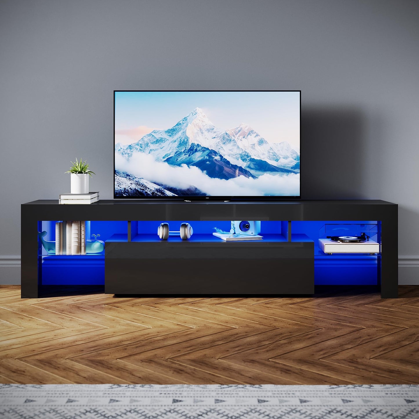 SONNI Modern TV Cabinet 180 cm, Lowboard High Gloss White with 16 Colours LED Lighting, Drawer, Open Glass Shelves, TV Stand for TVs up to 65 Inches, Living Room & Bedroom, 180 x 35 x 45 cm