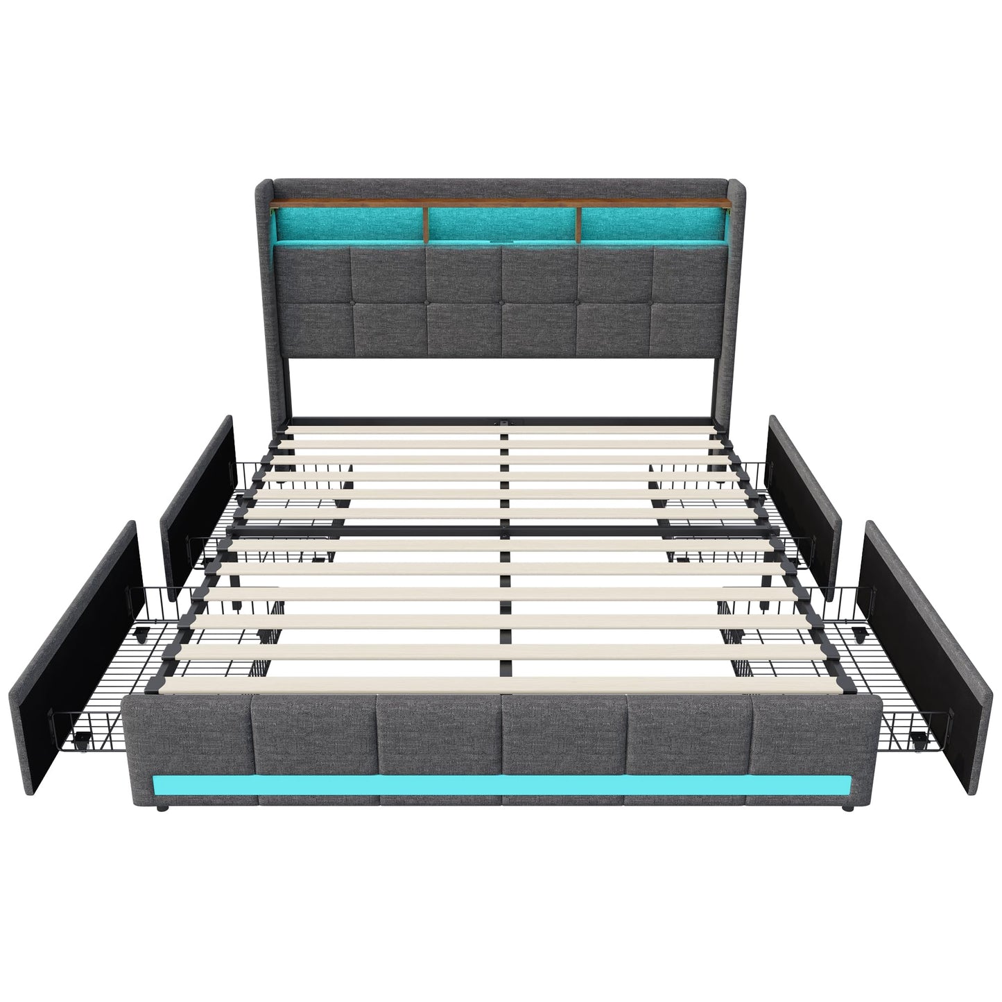 KeepGoon Doppelbett 140 x 200 cm,Polsterbett mit LED-Leuchten, 4 Eisenschubladen und einem USB Ladeanschluss,Stauraumbetten Bettgestell,Leinenstoff (Beige)