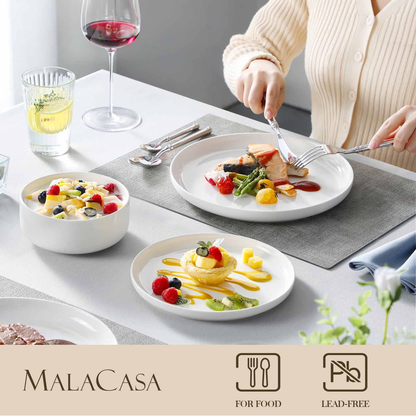 MALACASA Geschirrset 6 Personen, LUNA 24-tlg Tafelservice aus Weißem Porzellan, Modernes Geschirr Set mit je 6 Speiseteller, Dessertteller, Suppenteller und Müslischalen