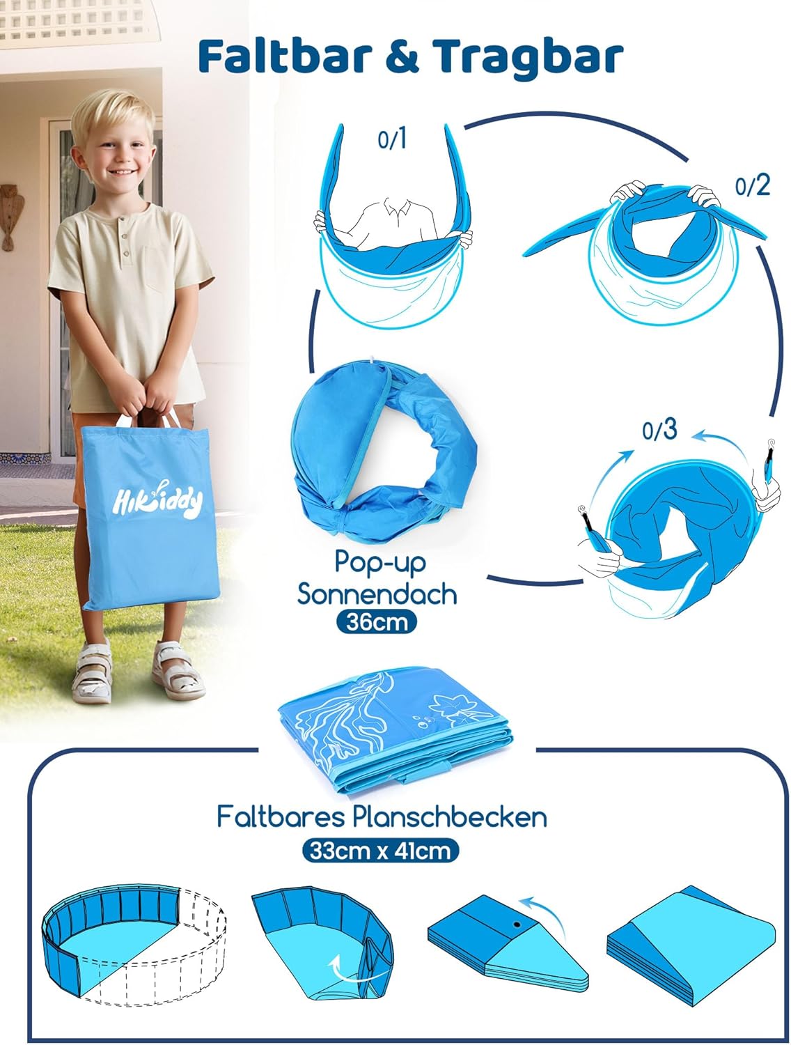 Hikiddy Schattiges Planschbecken für Kinder: 119,4 cm Pop-Up-Babypool mit Schatten für Sommer, Strand, Garten, Badespielzeug, Blau