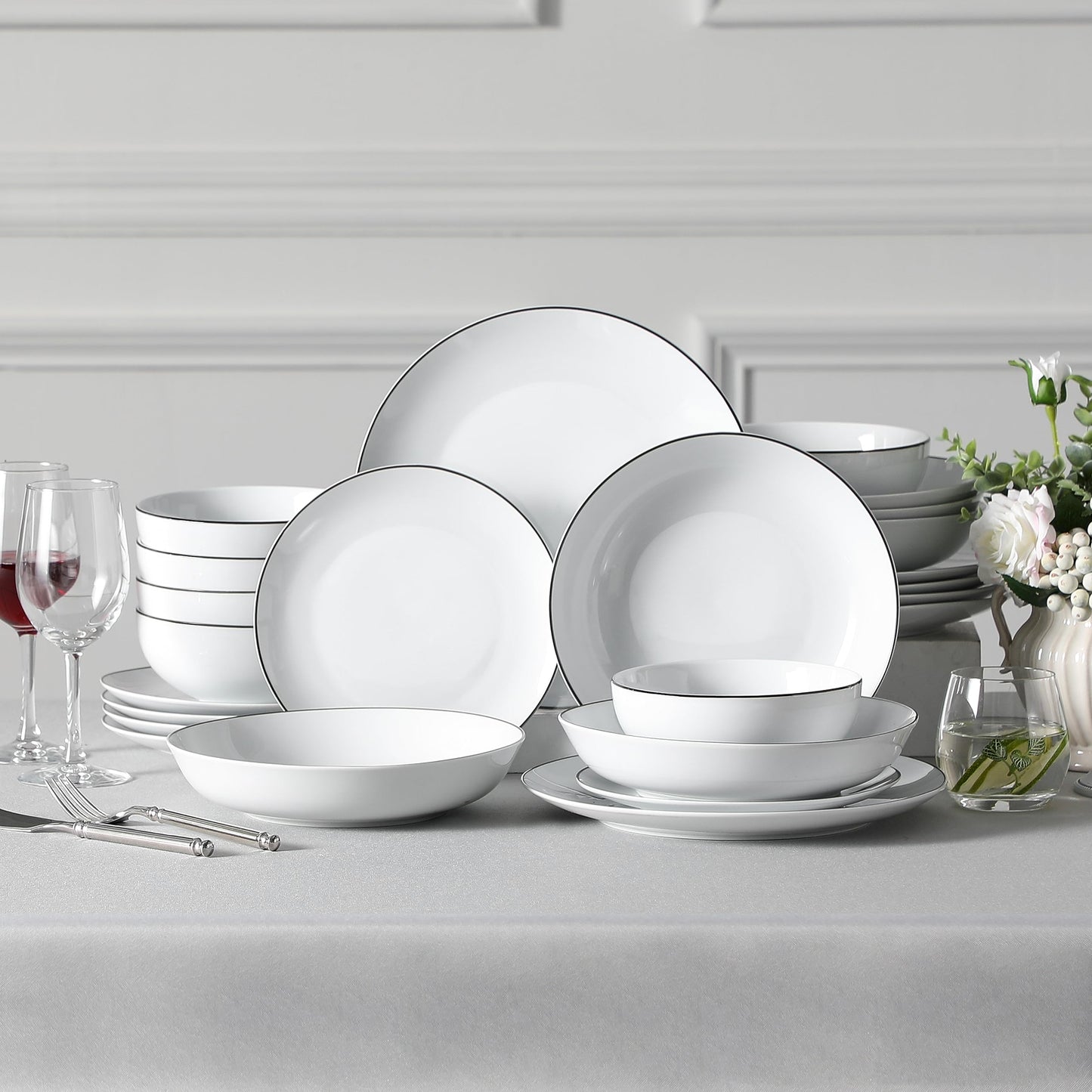 MALACASA Geschirrset 6 Personen, Amelia 24-tlg Modernes Porzellan Geschirr Set, Tafelservice mit je 6 Speiseteller, Dessertteller, Suppenteller und Müslischalen, Teller Set 6 Personen - Weiß
