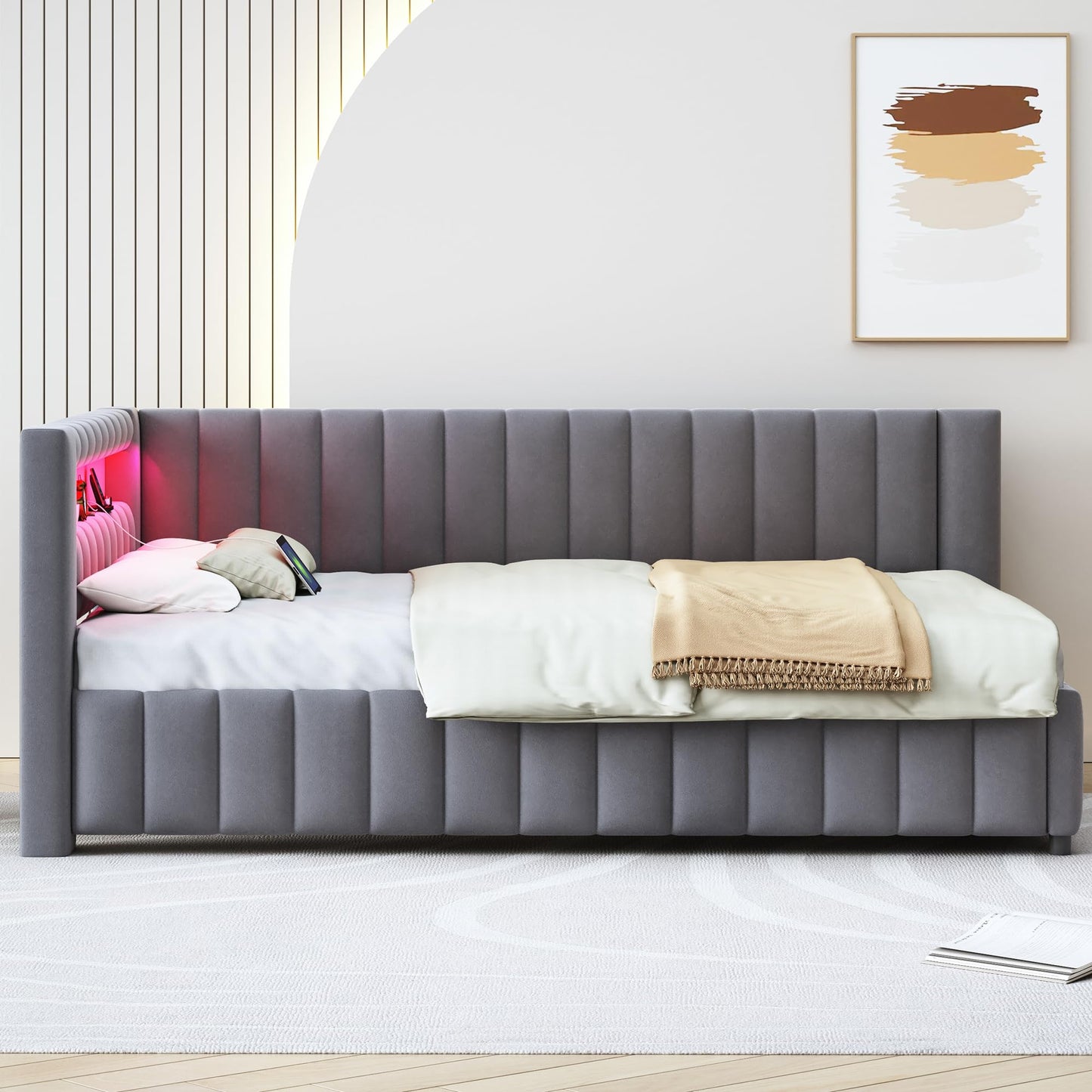 KEYIDE Upholstered Sofa Bed, 140 x 200 cm with LED Lighting and USB Charging, Bed Frame with Wooden Slatted Frame, Day Bed, Guest Bed, Youth Bed, Velvet Fabric, Without Mattress (Grey, 140 x 200)