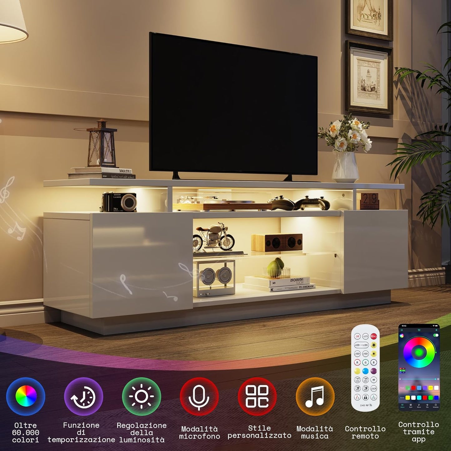 LUXOAK TV Lowboard High Gloss White with LED Lighting - 160 x 38.5 x 54.5 cm TV Stand for up to 75 Inch TV, TV Cabinet with 2 Doors & Adjustable Glass Shelf, for Living Room & Bedroom