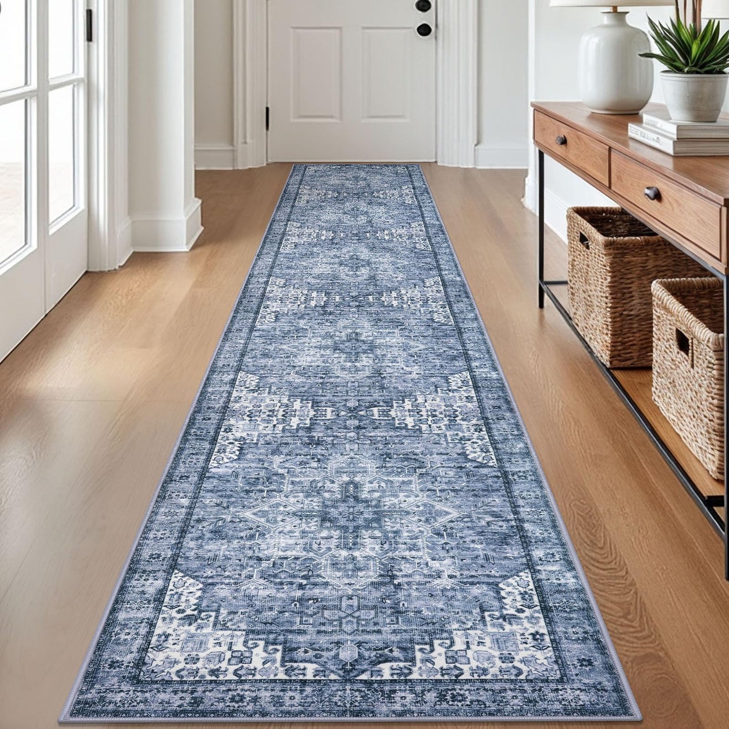 2x3 Blue Washable Rug for Entrance, Soft Traditional Area Rug, Non-Slip Printed Kitchen Rugs, Low-Pile Medallion Indoor Door Mat, Small Farmhouse Carpet for Entryway Kitchen Foyer Bedside