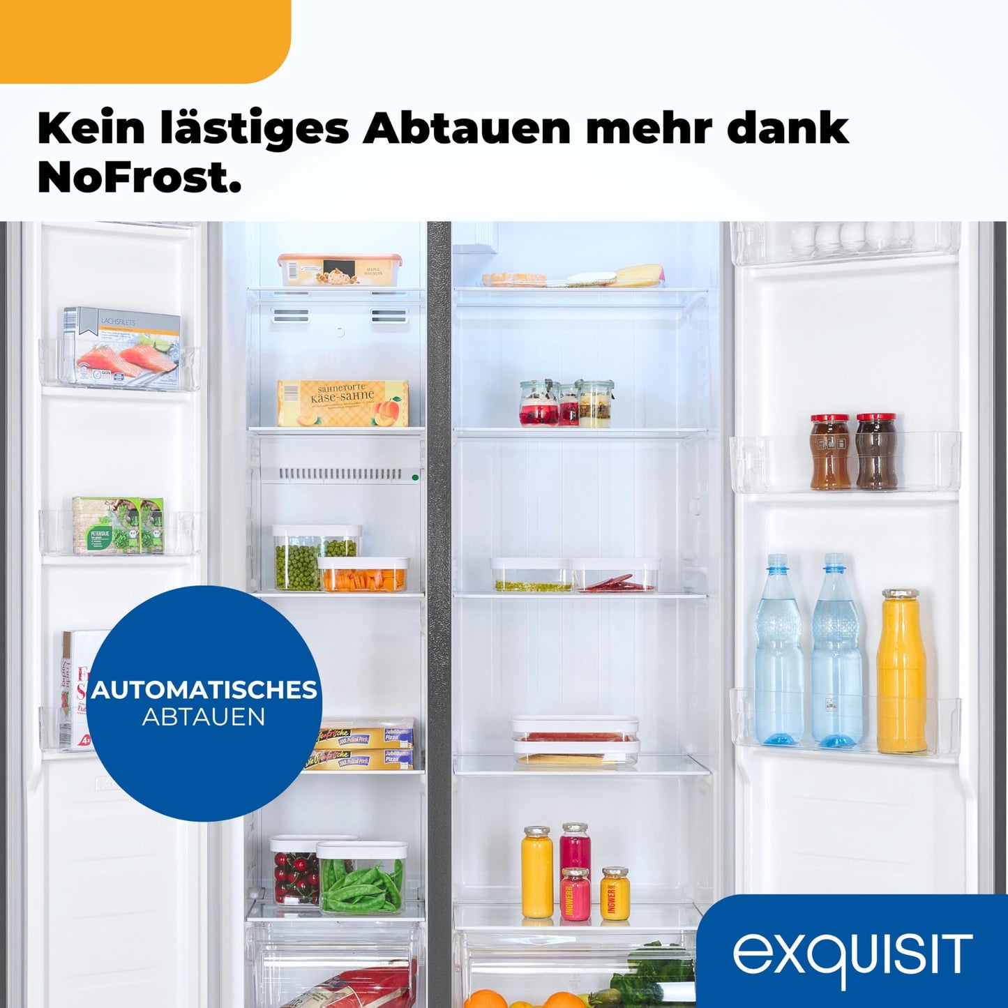 Exquisit SBS546-040E Side-by-Side Fridge-Freezer, 442 Litres, No-Frost, LED Display, 10 Shelves, Quiet Operation, 91 cm Width, White