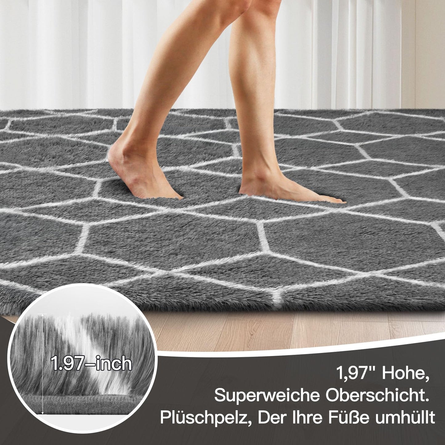 Sour Lemon Hochflor Teppich Grau Carpet Wohnzimmer 240x300 Waschbar Anti-Rutsch Extra Große Teppiche Schlafzimmer Flauschige Moderne Teppiche Matte Teppichen für Schlafzimmer Kinderzimmer