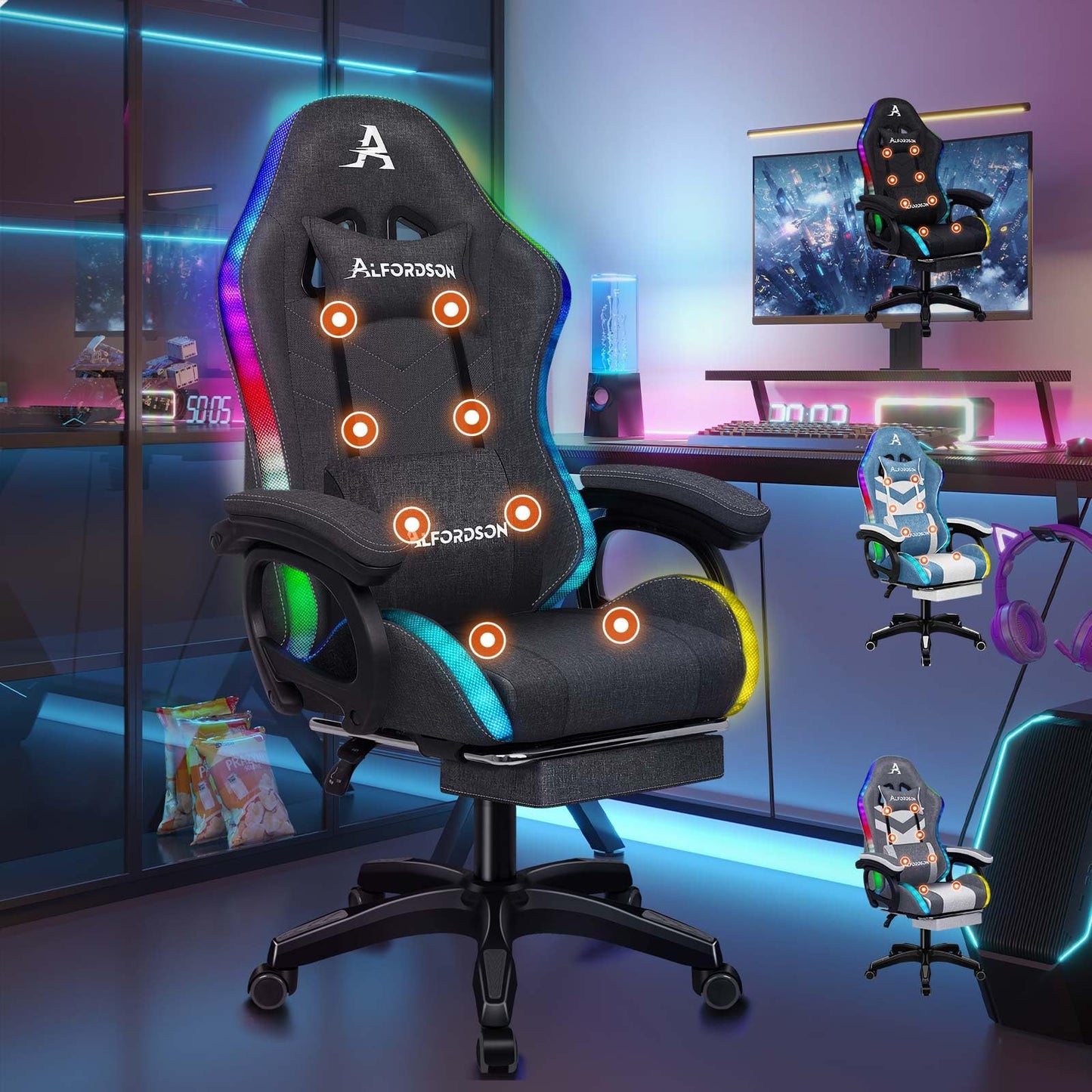 ALFORDSON Gaming Stuhl mit 8-Punkt Massage 12 Farben RGB LED-Licht, Bürostuhl Ergonomisch mit fußstützen, Kopfstütze Lendenkissen für Kinder Erwachsene, Schwarz
