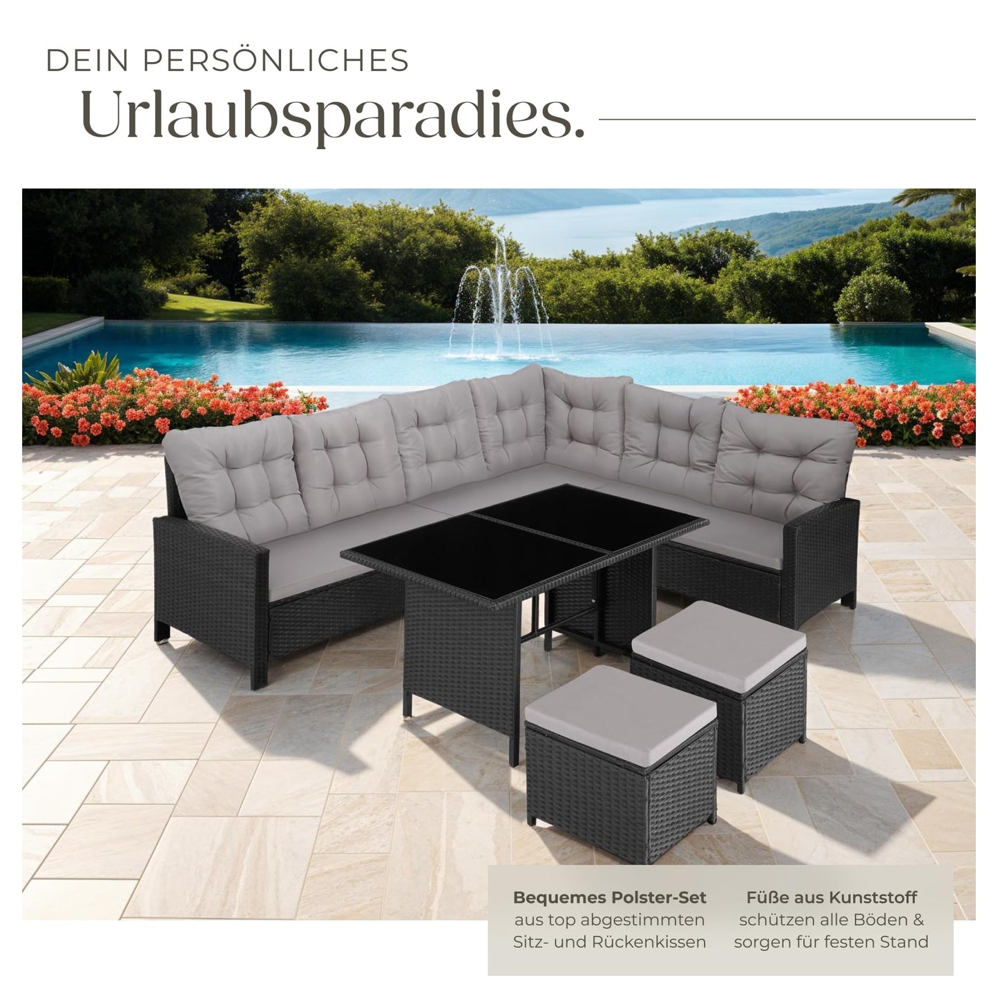 tectake Polyrattan Lounge Set, Garden Furniture Set with Sofa, Stool + Table, Balcony Furniture Outdoor, 5-Piece Seating Set, Including Seat and Back Cushion, Ideal for Garden, Patio, Balcony -