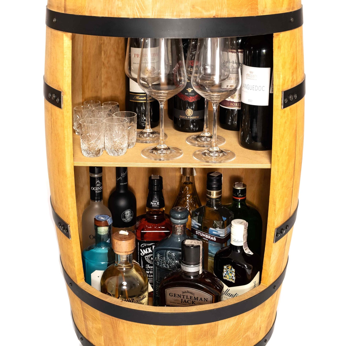 CREATIVE COOPER Wine Barrel Bar Table - Mini Bar Shelf Round - Alcohol Shrank Bottle Rack Wooden Shelves - Wooden Barrel Decoration - Wine Rack - Barrel Furniture - Wine Rack - Furniture Living Room -