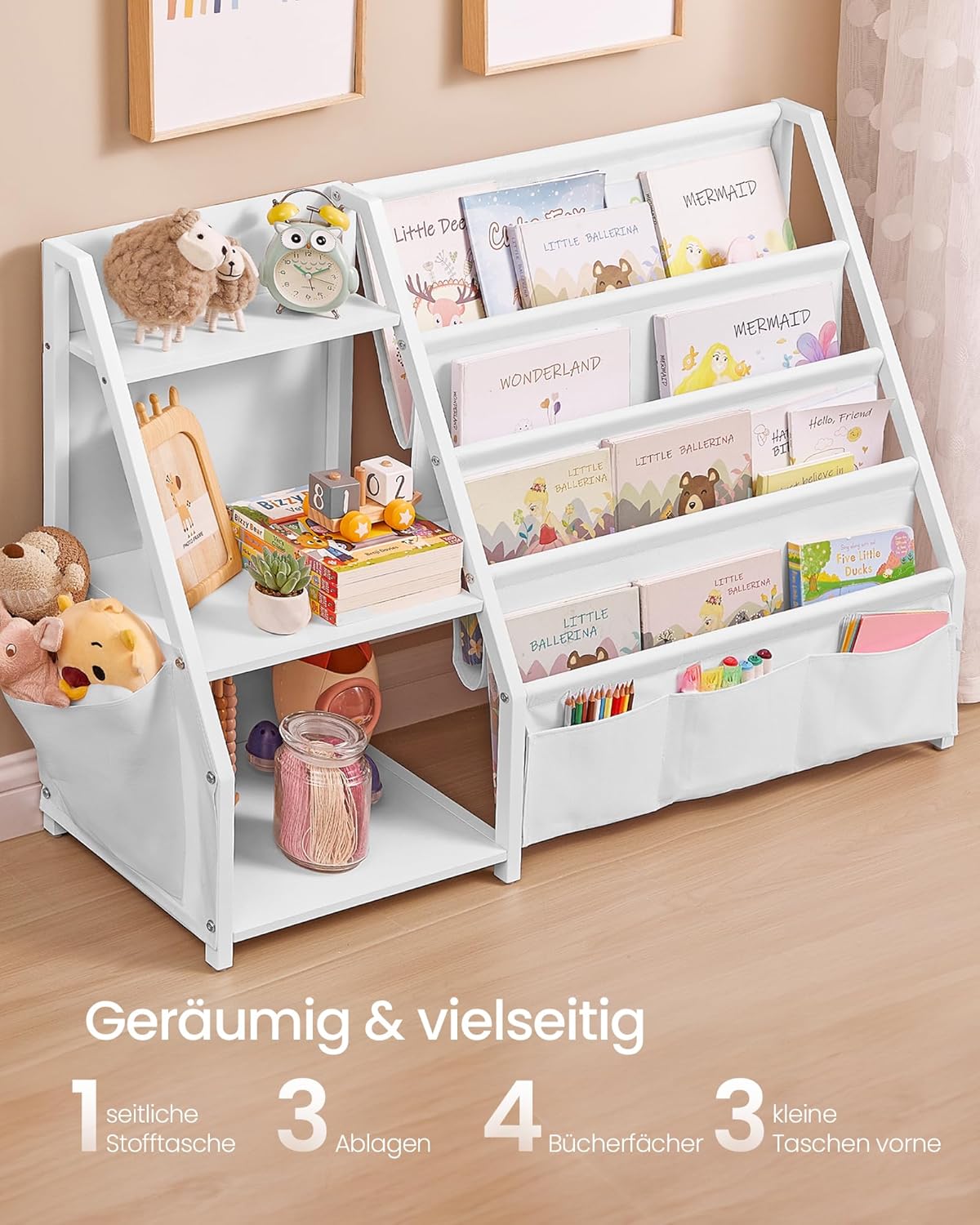 SONGMICS Bücherregal Kinder, Kinderregal, Spielzeugregal, Bücher-Organizer, mit Seitentasche, 75 cm hoch, für Kinderzimmer, Spielzimmer, weiß GKR024W01