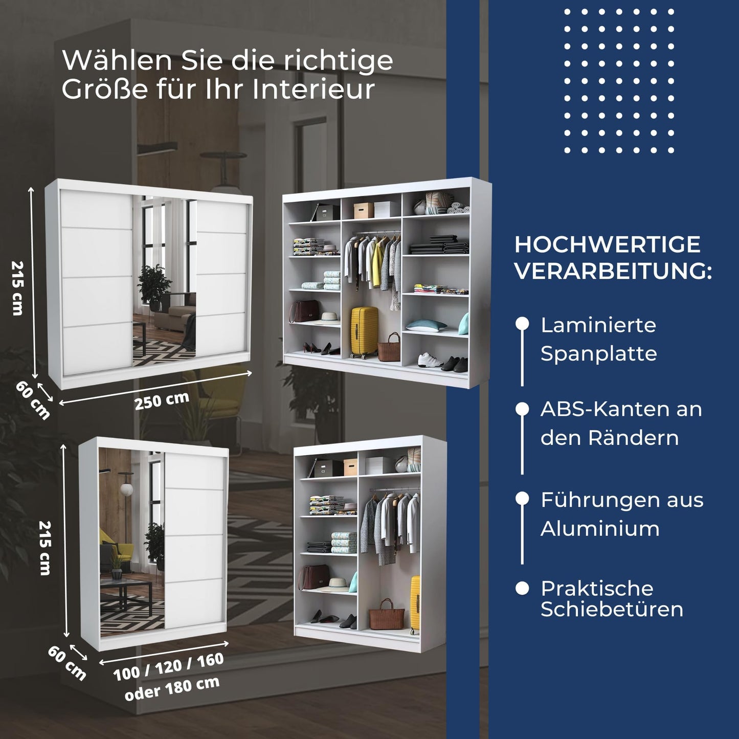 Brent - Tom Wardrobe with Mirror, 160 cm Wide, Bedroom Wardrobe with 1 Clothes Rail and Shelves for Clothes, Wardrobe Grey