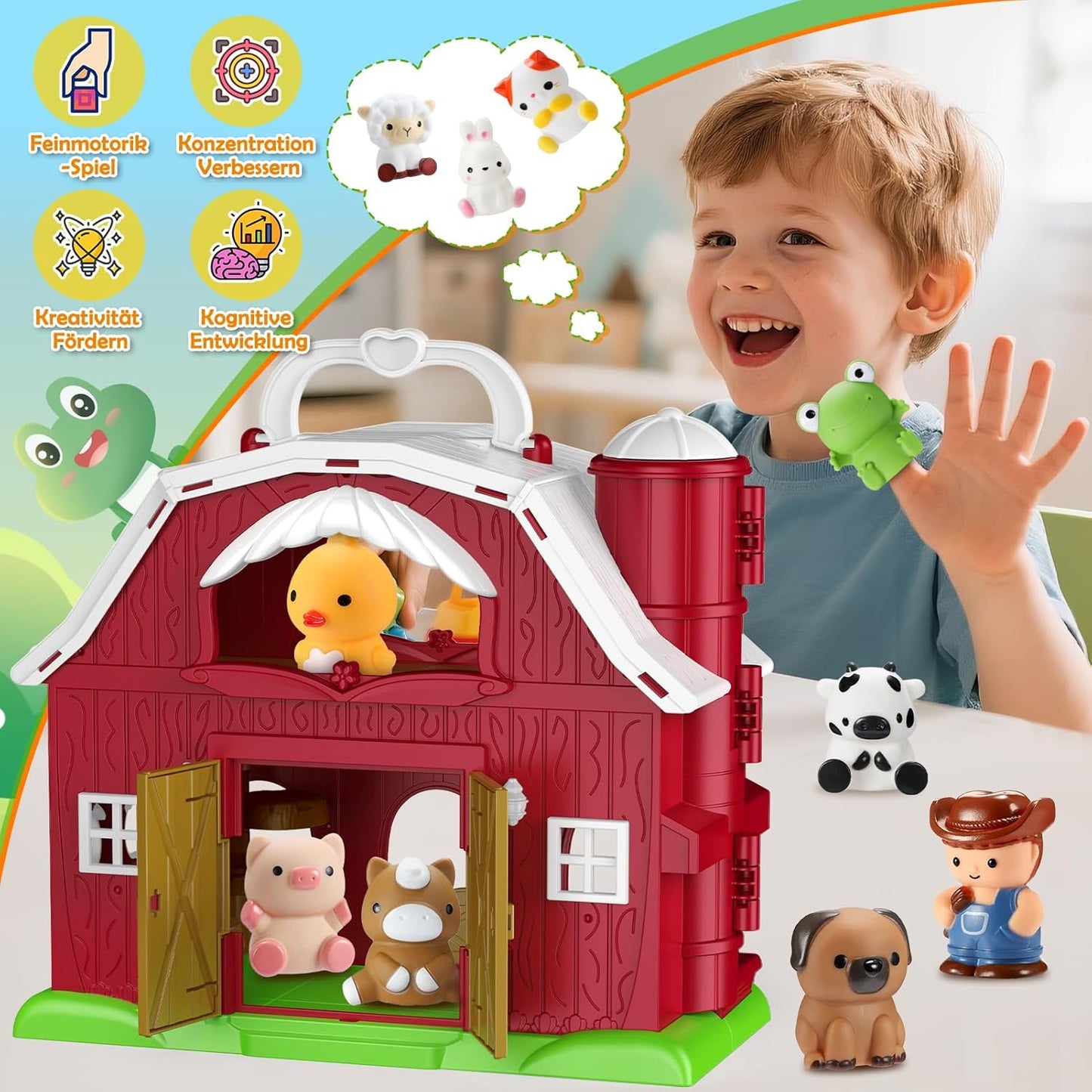 HappyKidsClub Montessori Bauernhof Spielzeug ab 1-4 Jahre, Aufklappbare Scheune Spielhaus für Kleinkinder mit 9 Tieren & Bauer - Pädagogisches Geschenk für Kinder - Baby Lernspielzeug Set