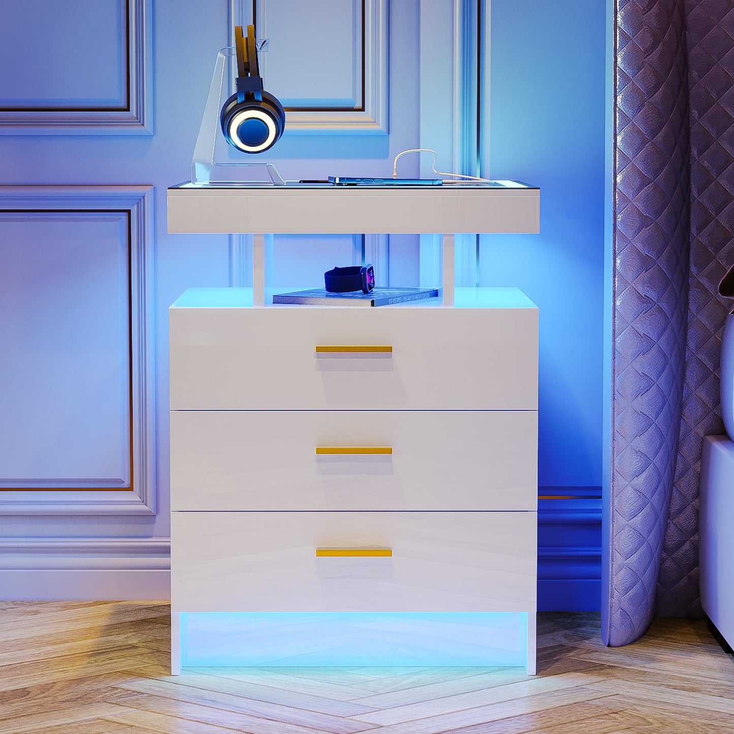 Lvifur LED Bedside Table with Charging Function, Smart Bedside Cabinet with 3 Lights, Dimmable, High Gloss Sideboard with 3 Drawers, USB Type-C Automatic Sensor, Bedroom, White