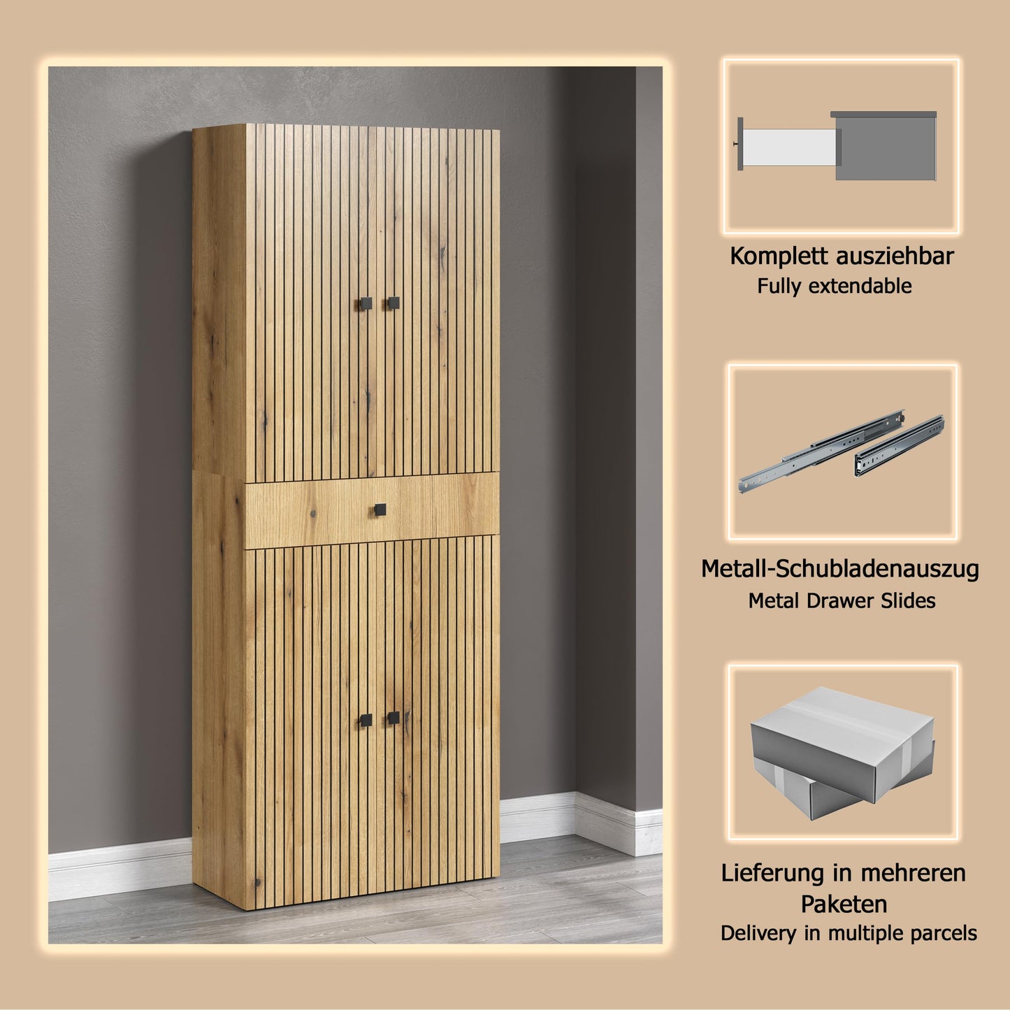 trendteam smart living - PureBliss - Hochschrank - Eiche - Badezimmerschrank in moderner Rillenoptik - edle Metallgriffe - (BxHxT) 40 x 186 x 31 cm - 2 praktische Einlegeböden - kratzfest