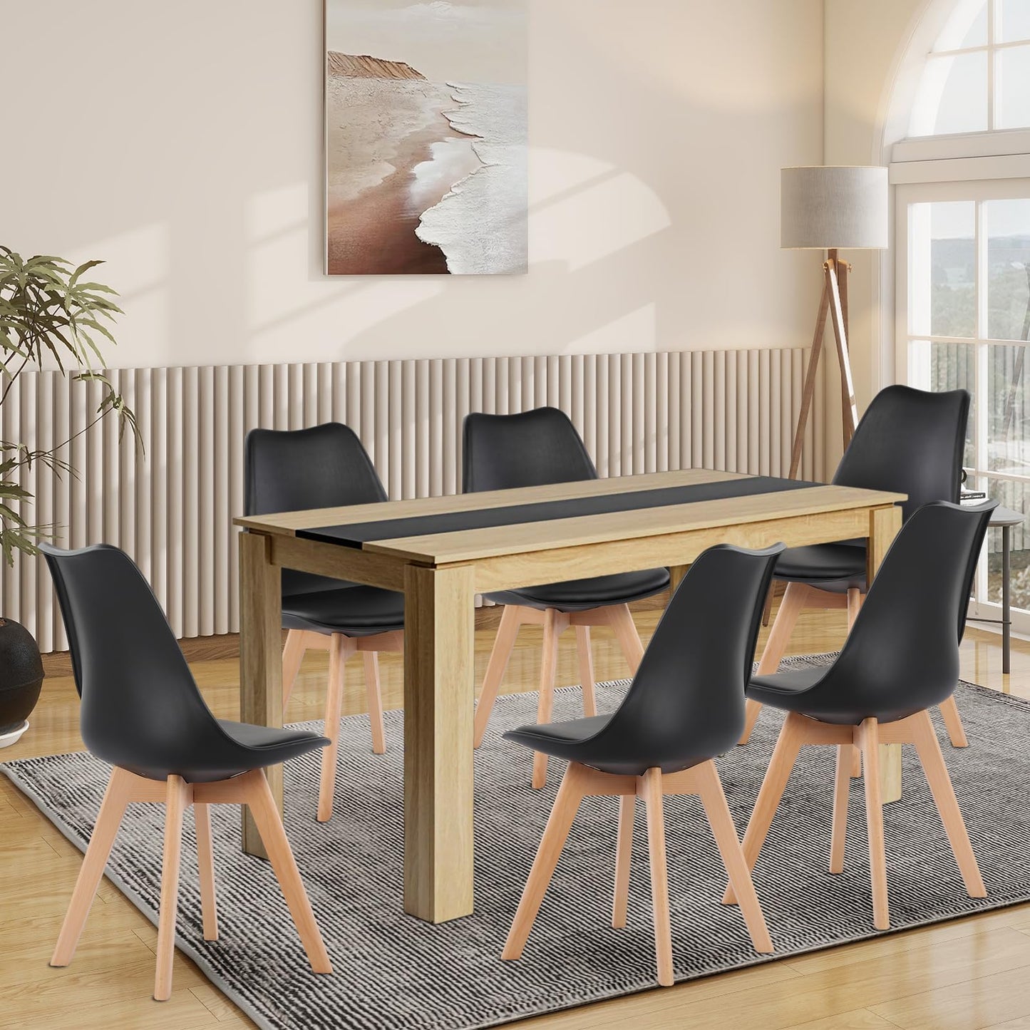 FURNITABLE Dining Table with 6 Chairs, Dining Room Group, Set of 6 Dining Room Chairs and 140 cm Rectangular Wooden Table Dining Set for Living Room, Kitchen, Office (Oak-Black Table + 6 Black Chairs)