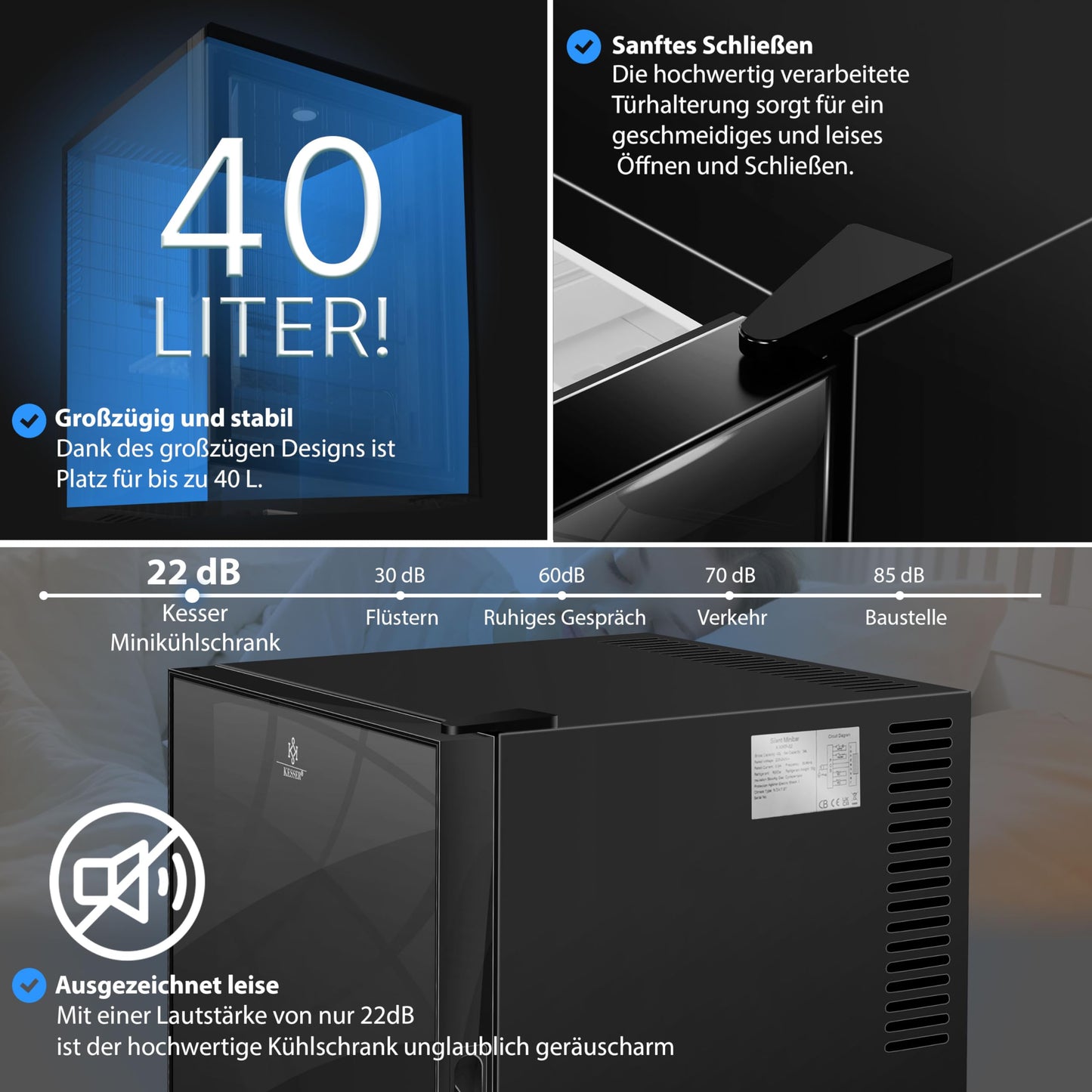 KESSER® Mini Fridge 40 L Lockable Mini Bar Ideal for Camping, Office, Bedroom, Hotel, Kitchen, Small Fridge Completely Silent, Interchangeable Door Hinge, Interior Lighting with Glass Opener