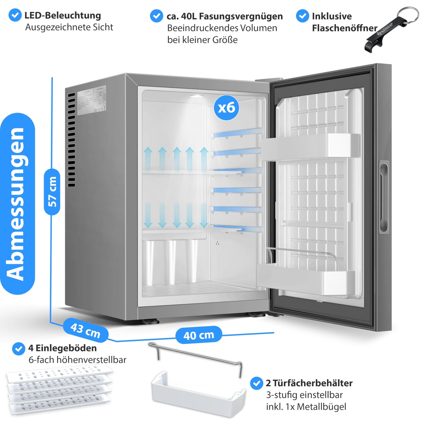 KESSER® Mini Fridge 40 L Lockable Mini Bar Ideal for Camping, Office, Bedroom, Hotel, Kitchen, Small Fridge Completely Silent, Interchangeable Door Hinge, Interior Lighting with Glass Opener