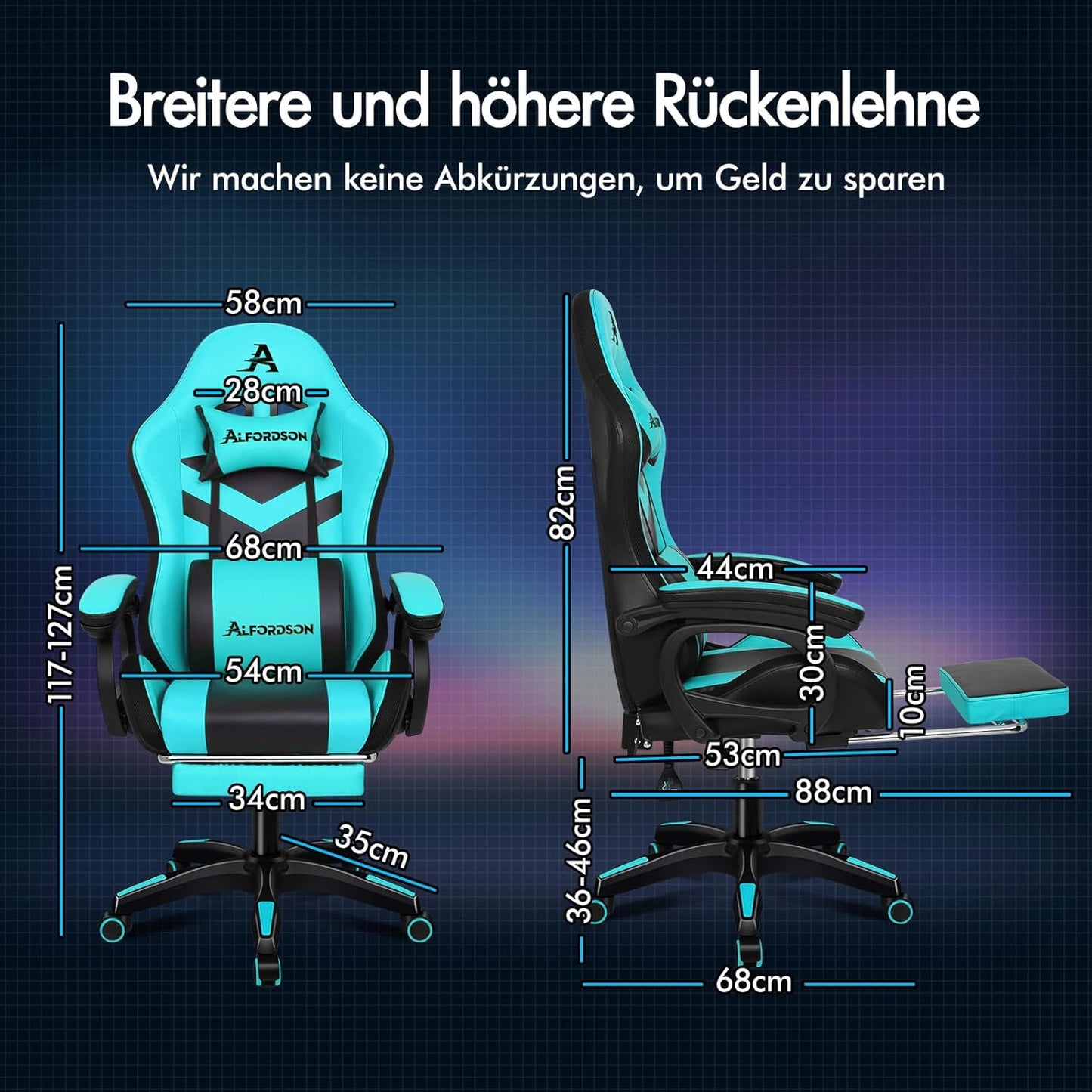 ALFORDSON Gaming-Stuhl, LED-Racing-Gamer-Stuhl mit 12-Farben-RGB-Beleuchtung, Massage-Gaming-Stuhl mit Lordosenstütze, Fußstütze, PU-Material, Cyan