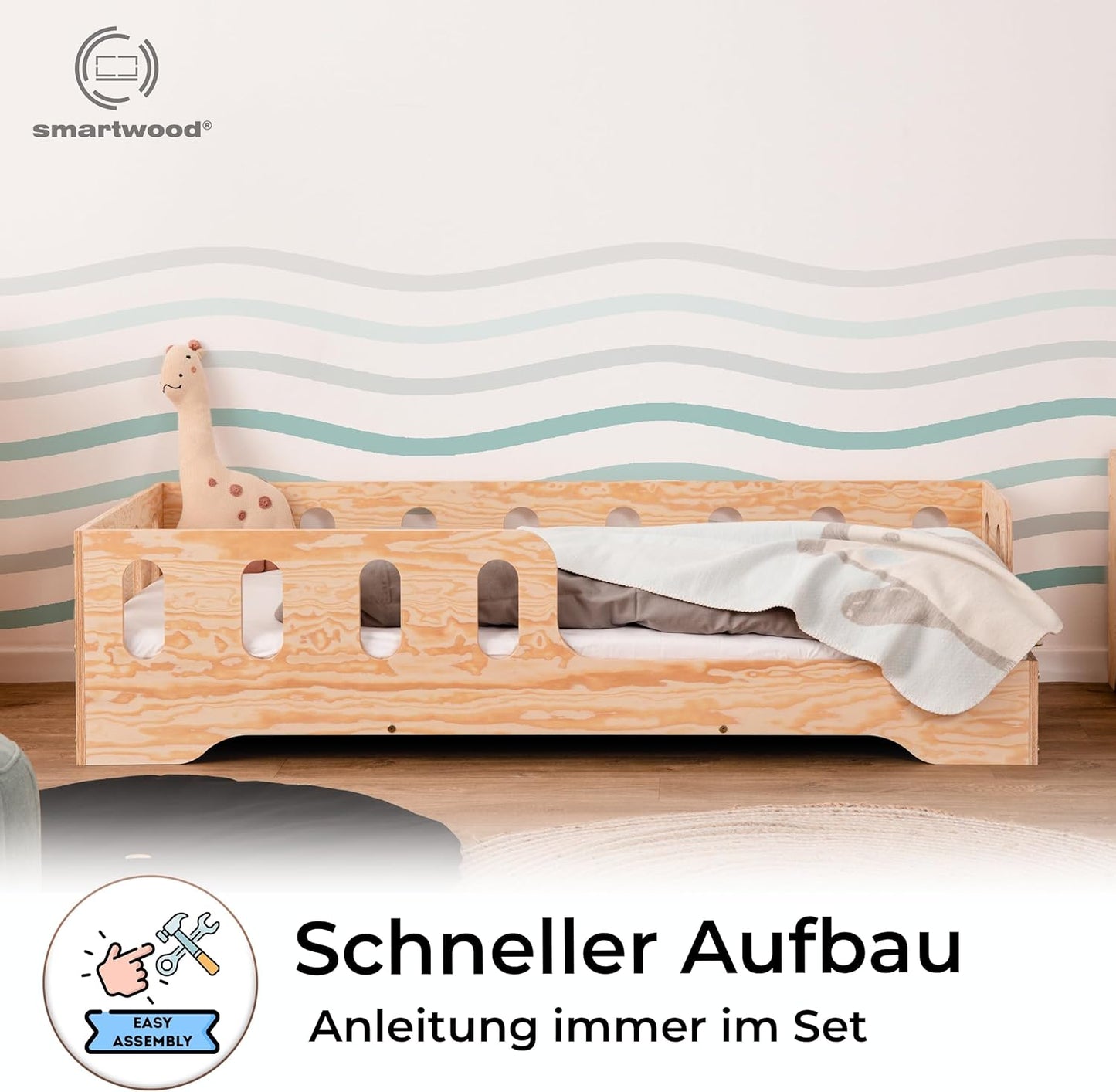 smartwood Kinderbett 80x160 Montessori Bett mit Rausfallschutz & Lattenrost - Kiefernsperrholz mit FSC-Zertifikat - für Jungen und Mädchen - Einfache Montage - TILA 1L
