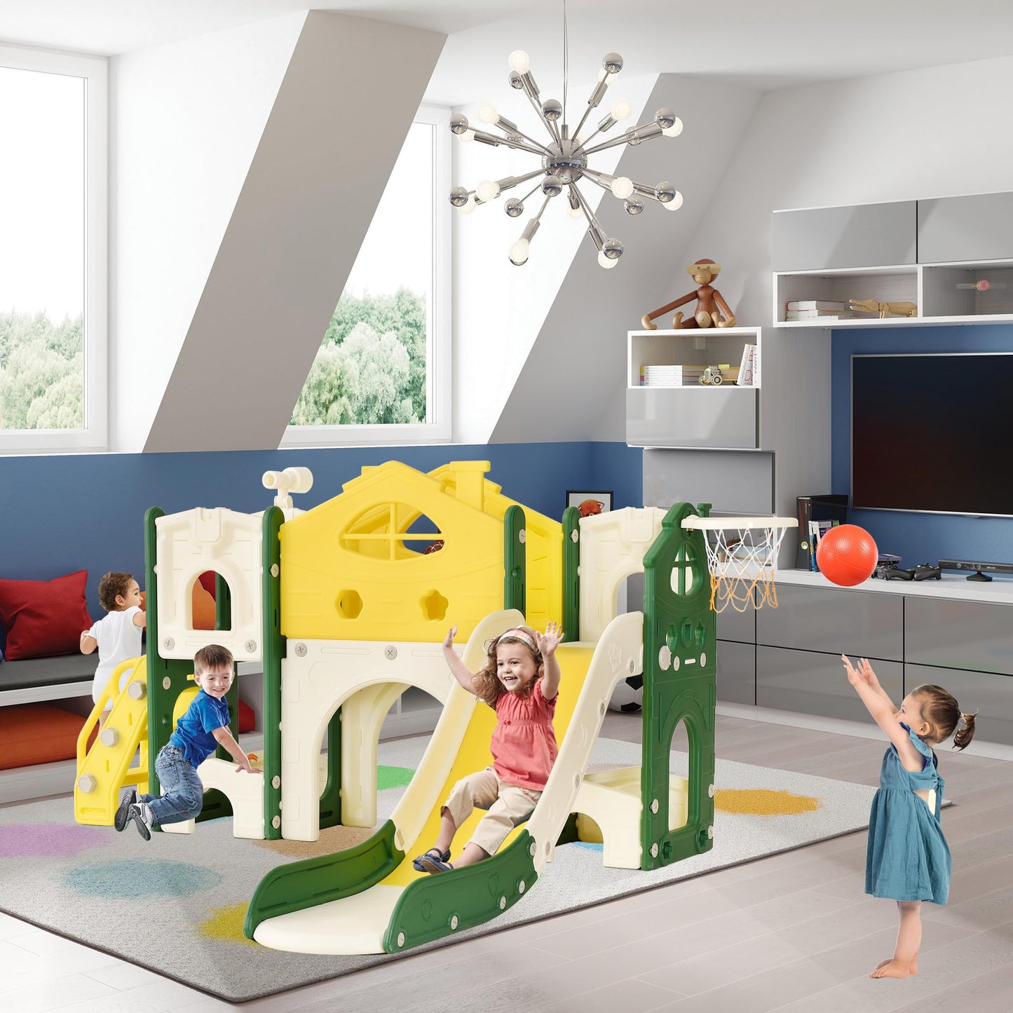 BestAlice 4 in 1 Kinderrutsche Set für Outdoor und Innen, Spielplatz mit Schaukel, Basketballkorb, Kletterleiter, Indoor- und Outdoor-Spielset, 18 Monate + (Blau)