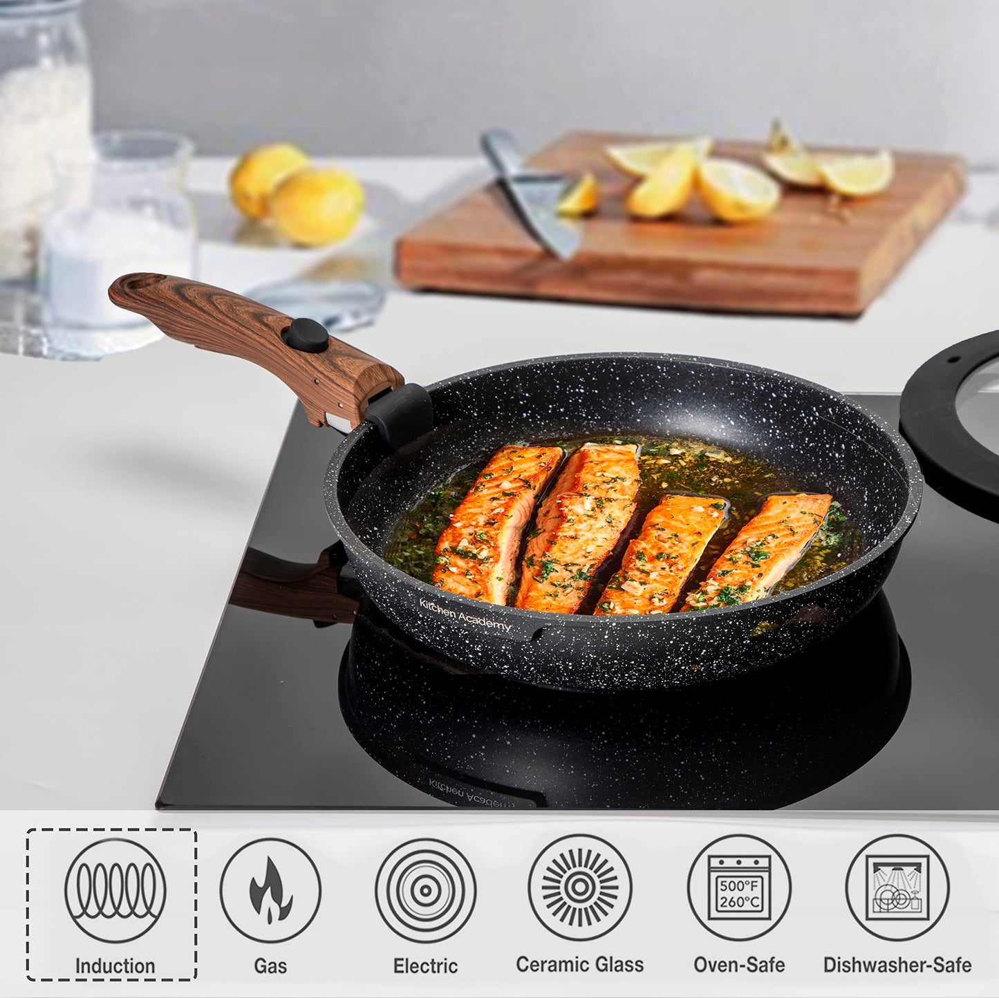 Kitchen Academy Pfannenset Abnehmbarer Griff - 10 Teilig Induktion Töpfe Set für alle Herdarten, Pfanne 20/25cm, Topf 18 cm