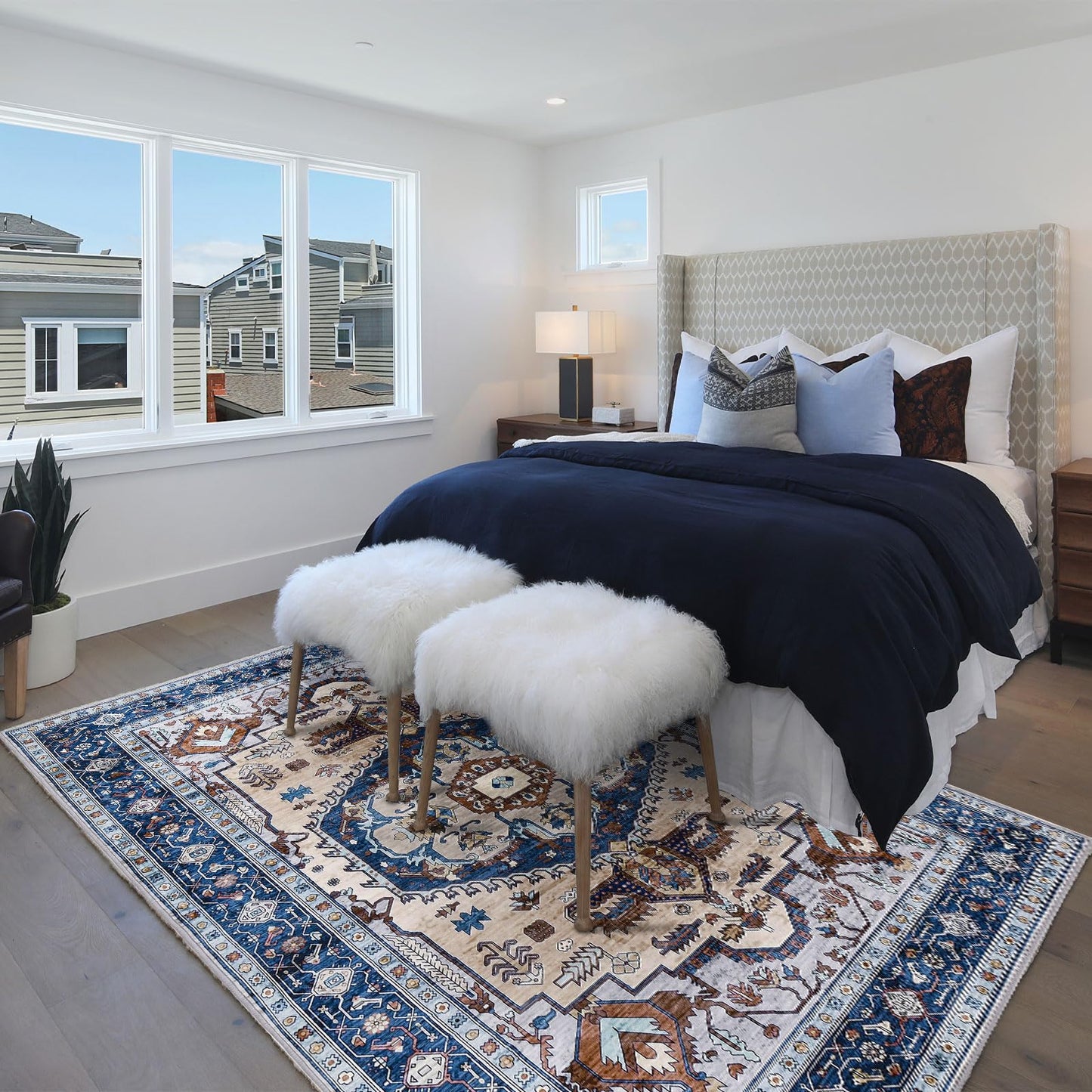 WONGS BEDDING Boho Rug Living Room Bedroom Short Pile Rugs Washable Soft Non-Slip Vintage Design