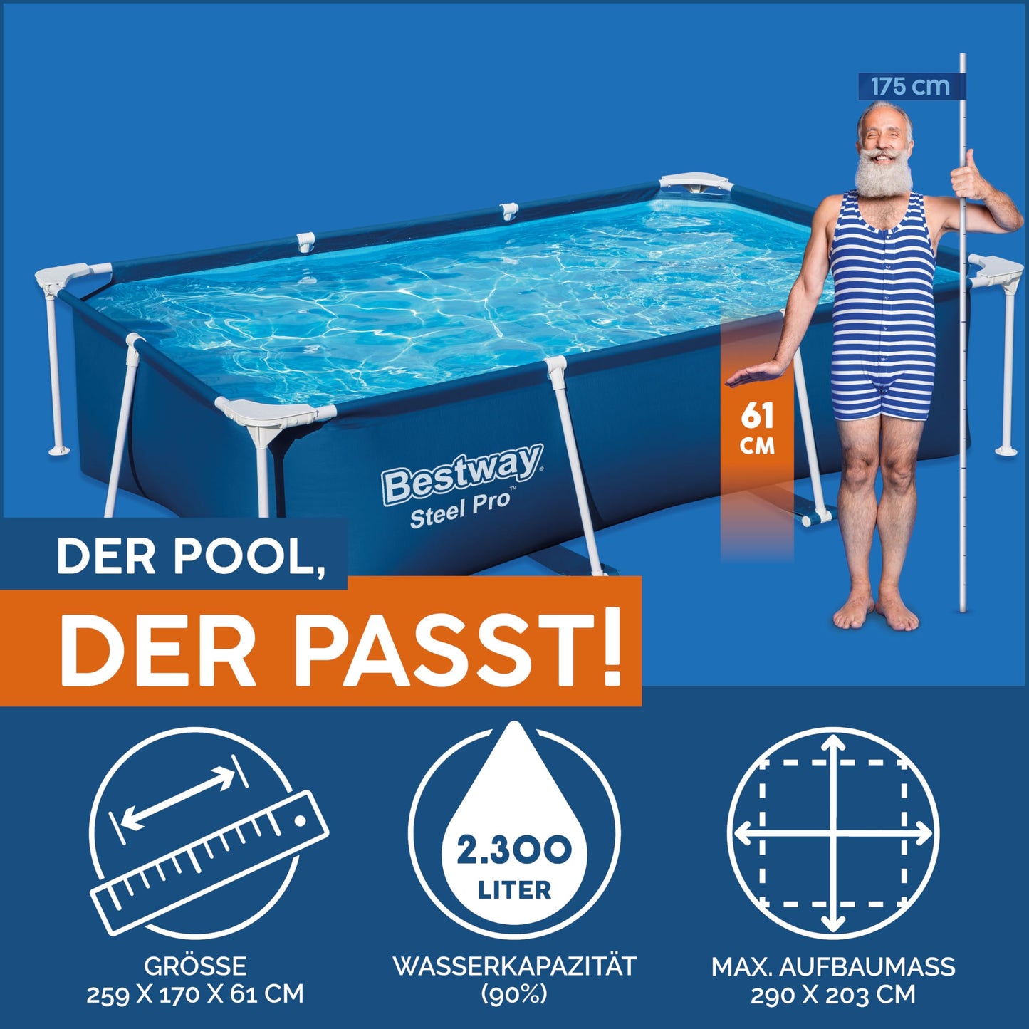 Bestway Steel Pro Frame Pool ohne Pumpe 259 x 170 x 61 cm, dunkelblau, eckig