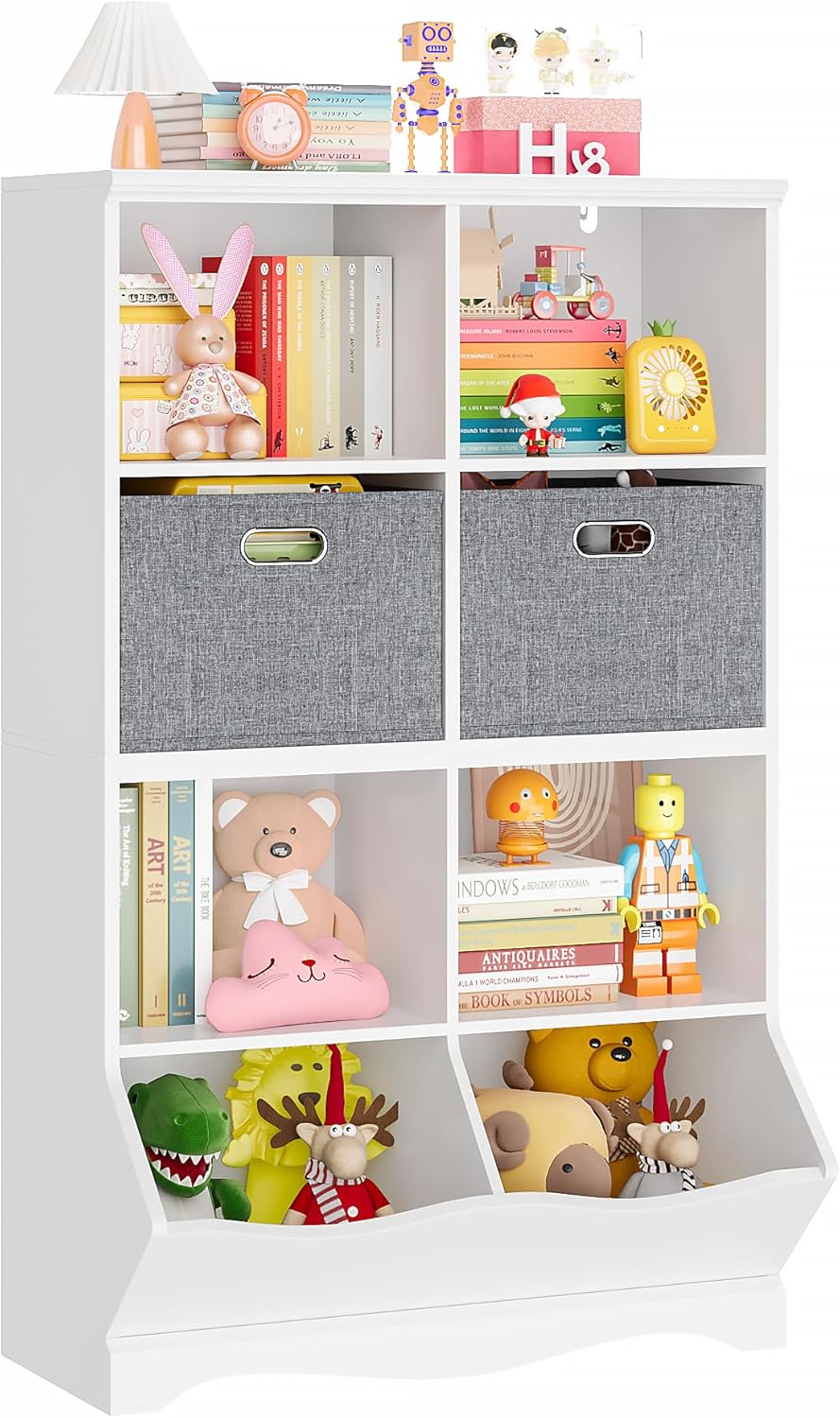 HOCSOK kinderregal, Bücherregal Kinder mit 8 Ablagefächern und 2 Stoffschubladen, Spielzeugregal kinderzimmer für Schlafzimmer Kindergarten, Weiß, 116x67x40cm