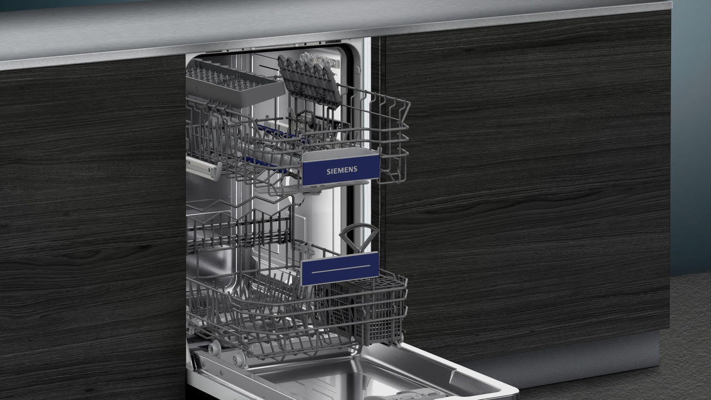 Siemens SR63EX24KE, iQ300 Smart Dishwasher, Fully Integrated, 45 cm Wide, Made in Germany, Cutlery Basket, Automatic Door Opening at the End of the Programme, Pleasantly Quiet with iQ Drive Motor