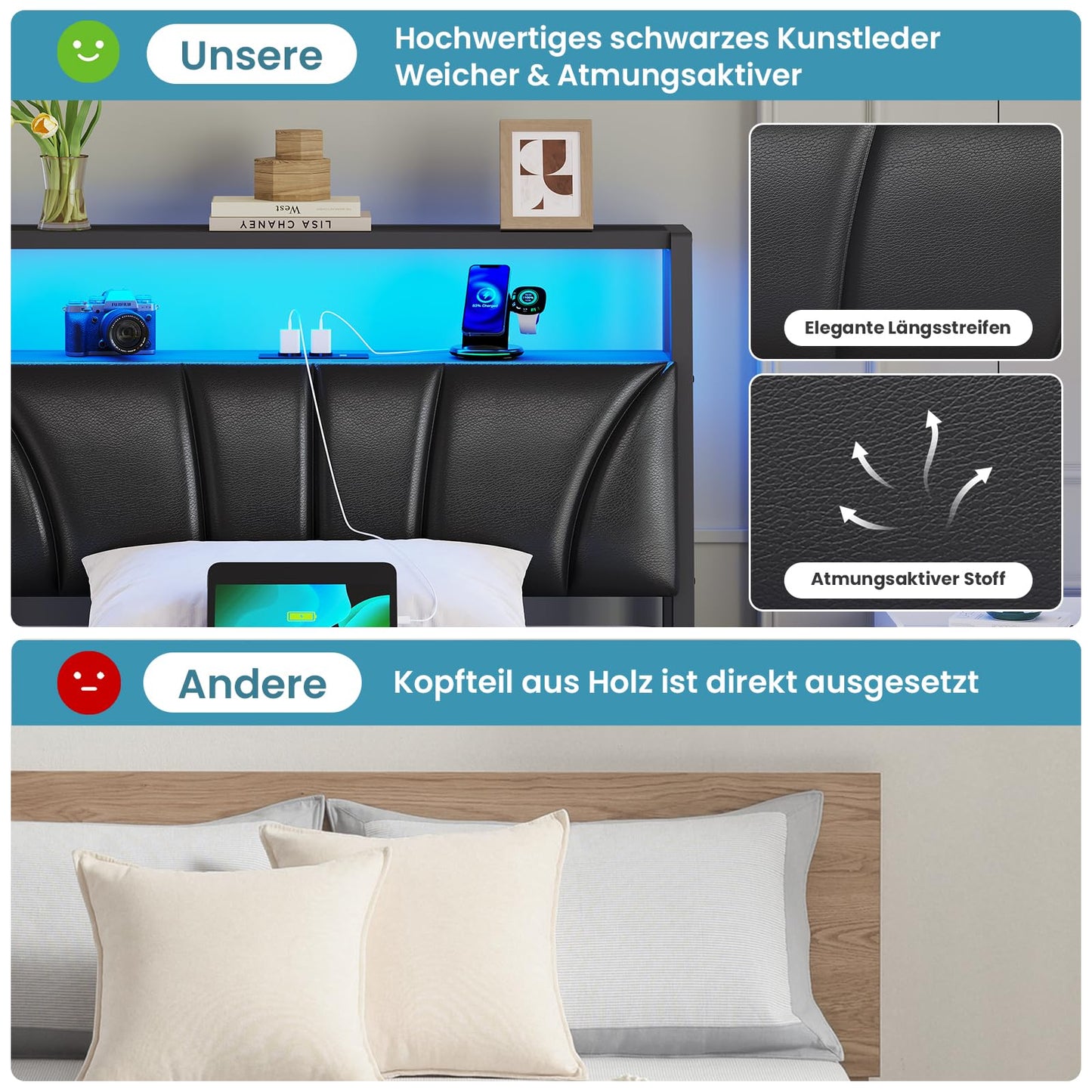 Brinlawb Bed 140 x 200 cm with Metal Slatted Frame, Bed Frame 140 x 200 cm with LED Lighting, Metal Bed 140 x 200 cm with Headboard and Charging Station (2 AC Sockets, 2 USB Ports), Youth Bed, Double