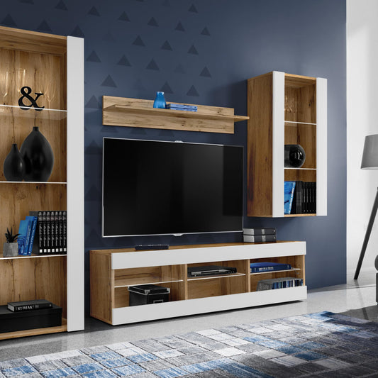 Komodee Tivoli Medio Living Room Wall Unit White / White Width 245 cm x Height 159 cm x Depth 35 cm LED Blue for Living Room Bedroom