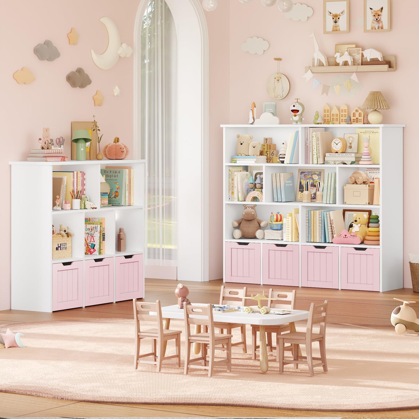 FOREHILL Children's Shelf with Boxes on Wheels, Children's Bookcase with 4 Levels, Children's Room Furniture, Toy Regulator, Storage Shelf, Bookcase for Children, Children's Cabinet, Shelf, White,