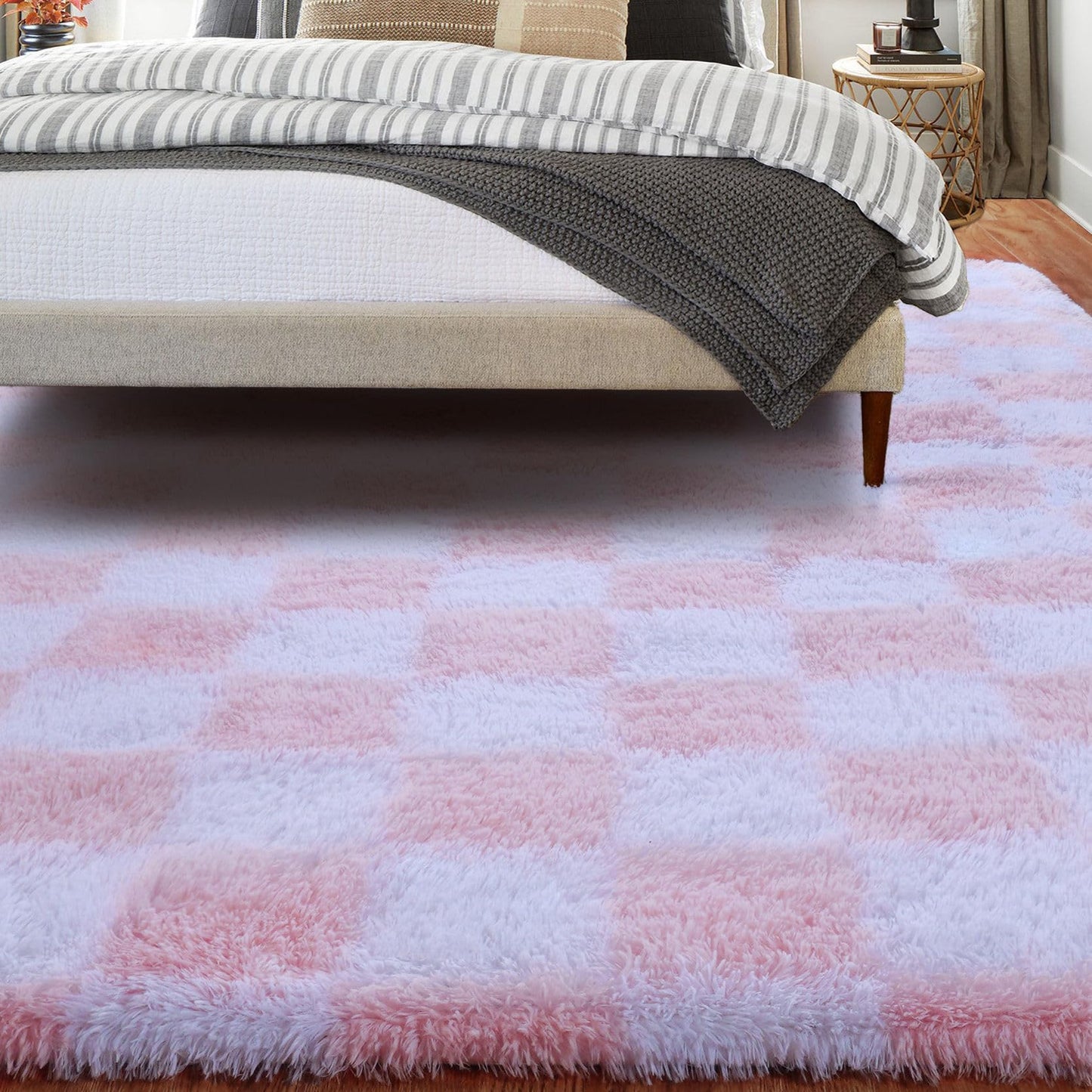 BYBSRLL Checked Rug Pink and White 120 x 180 cm High Pile Soft Fluffy Cuddly Rug Washable Rug Living Room Bedroom Children's Room Girls Non-Slip Rugs for Living Room