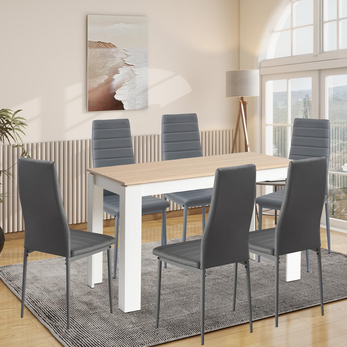 FURNITABLE Esstisch mit 6 Stühlen Esszimmergruppe, Essgruppe mit Hochlehner Kunstleder Stuhl für 6 Personen, Sitzgruppe für Küche Wohnzimmer(160cm Eiche-Weiß Tischbein Tisch+6 Schwarz Stühle)