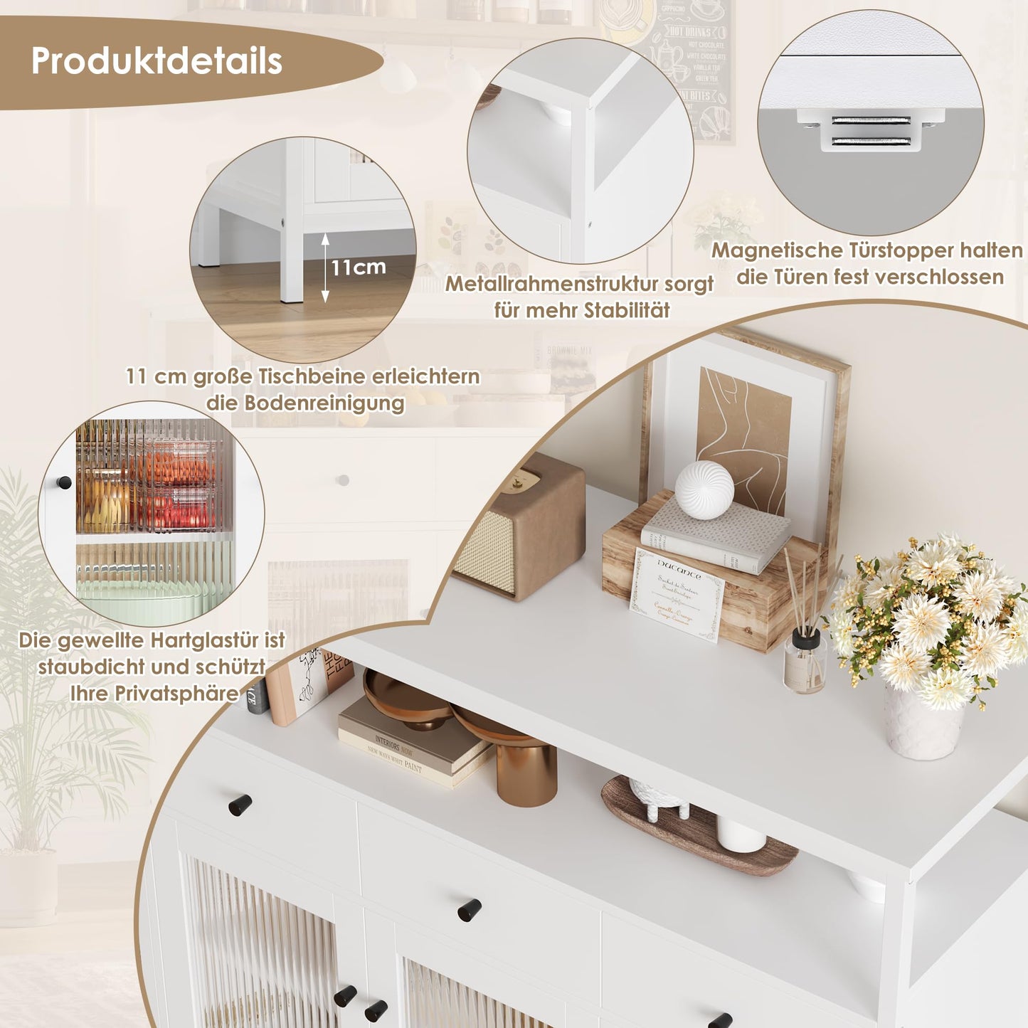 FirFurd Sideboard Küchenschrank mit Arbeitsplatte &3 Schubladen&3 Glastüren, Buffetschrank Kommode Kaffeebar Mehrzweckschrank, Sideboard für Wohnzimmer Küche Esszimmer 108 x 38 x 98,5 cm schwarz