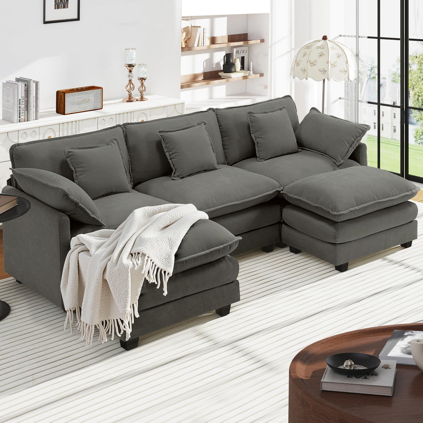 Urhanherry U-Shape Cloud Sofa, Modular Sectional Sofa, 6-Seater with 2 Ottomans, Modern Sofa with Decorative Cushions/Armrests, Breathable Chenille Fabric, U Sofa Couch for Living Room, Beige
