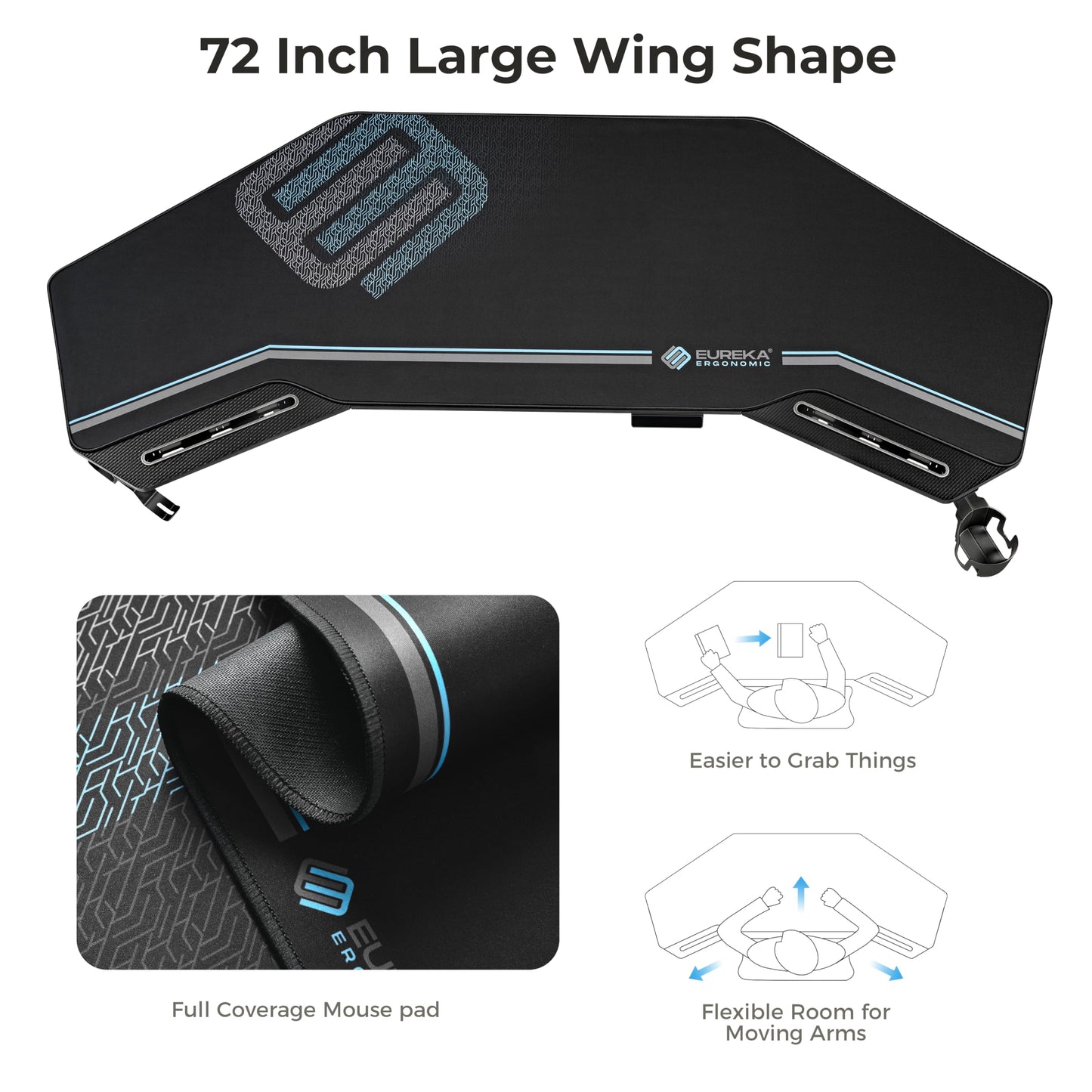 EUREKA ERGONOMIC Height Adjustable Desk 182 x 76 cm Standing Desk in Wing Shape Gaming Table Height Adjustable Electric Large Gaming Desk with LED Monitor Stand and Keyboard Shelf