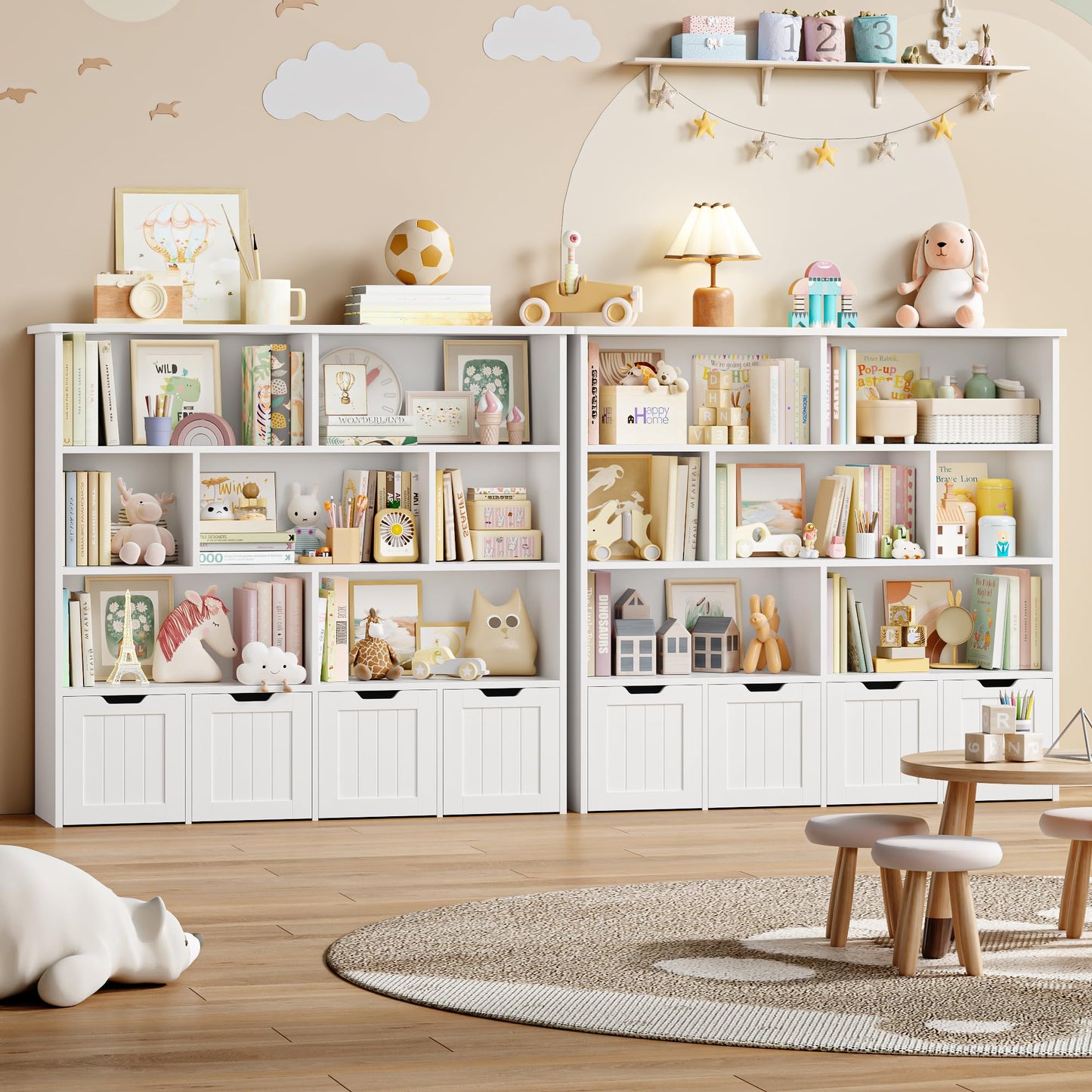 FOREHILL Children's Shelf with Boxes on Wheels, Children's Bookcase with 4 Levels, Children's Room Furniture, Toy Regulator, Storage Shelf, Bookcase for Children, Children's Cabinet, Shelf, White,
