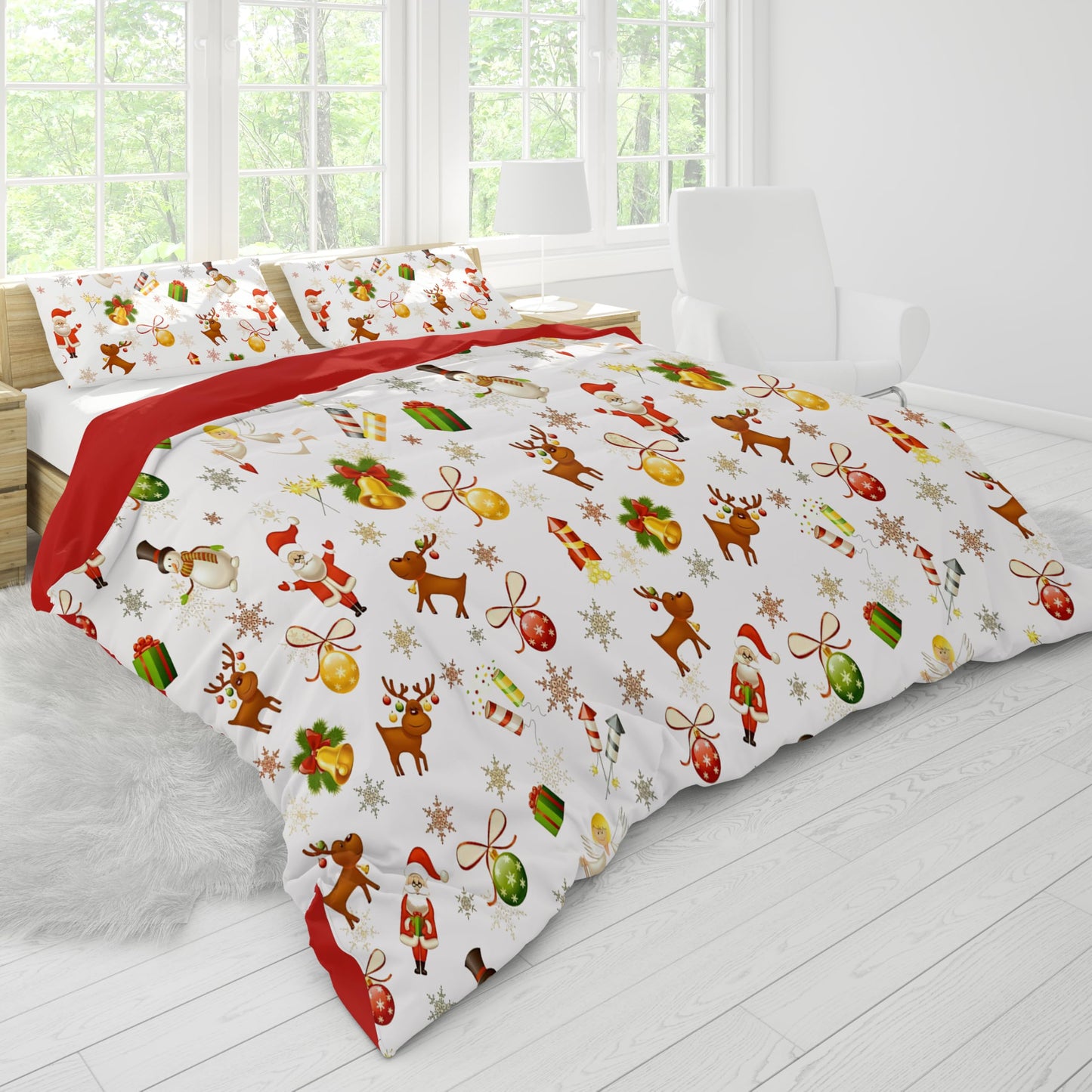 UGZDEA Christmas Bed Linen Set 200 x 200 cm, 3D Christmas Bedding Set with 2 Pillowcases, Santa, Christmas Tree, Deer, Christmas Gift for Teenagers (I, 200 x 200 cm)